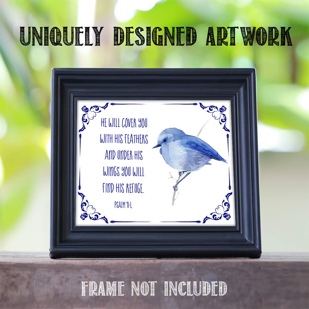 Psalm 91:4 Bible Verse Wall Print - 11x14 Watercolor Art - Inspirational Home Decor & Gift