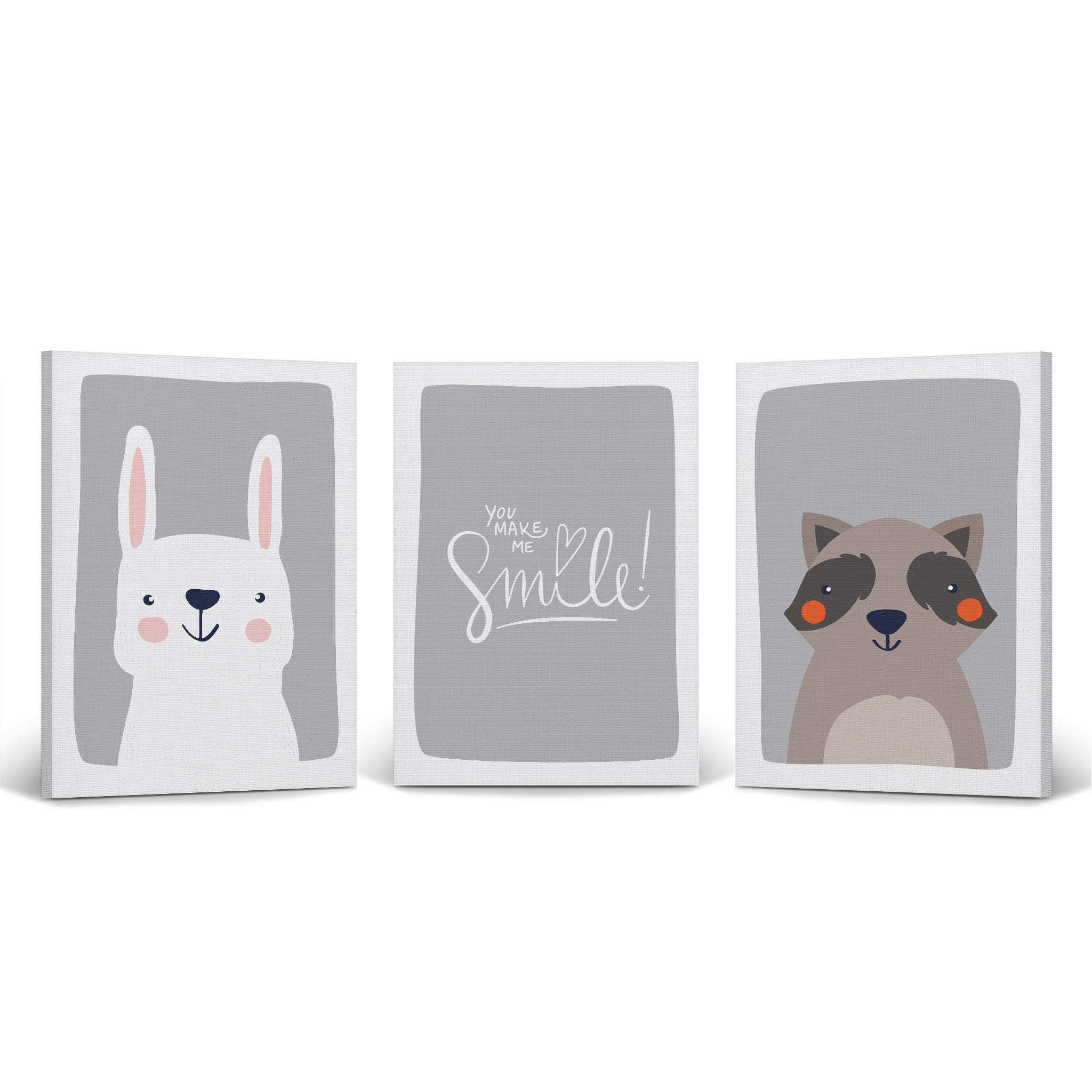 Cute Rabbit & Raccoon Canvas Wall Art Set - 3 Piece Nursery Decor with Inspirational Quotes, Gray Background, Ready to Hang (28x19 inches) - Perfect for Kids Room, Baby Boy & Girl Bedroom Decor - Made in USA | Ideal for Birthday Gifts, Nursery Wall Decor & Playroom Accents
