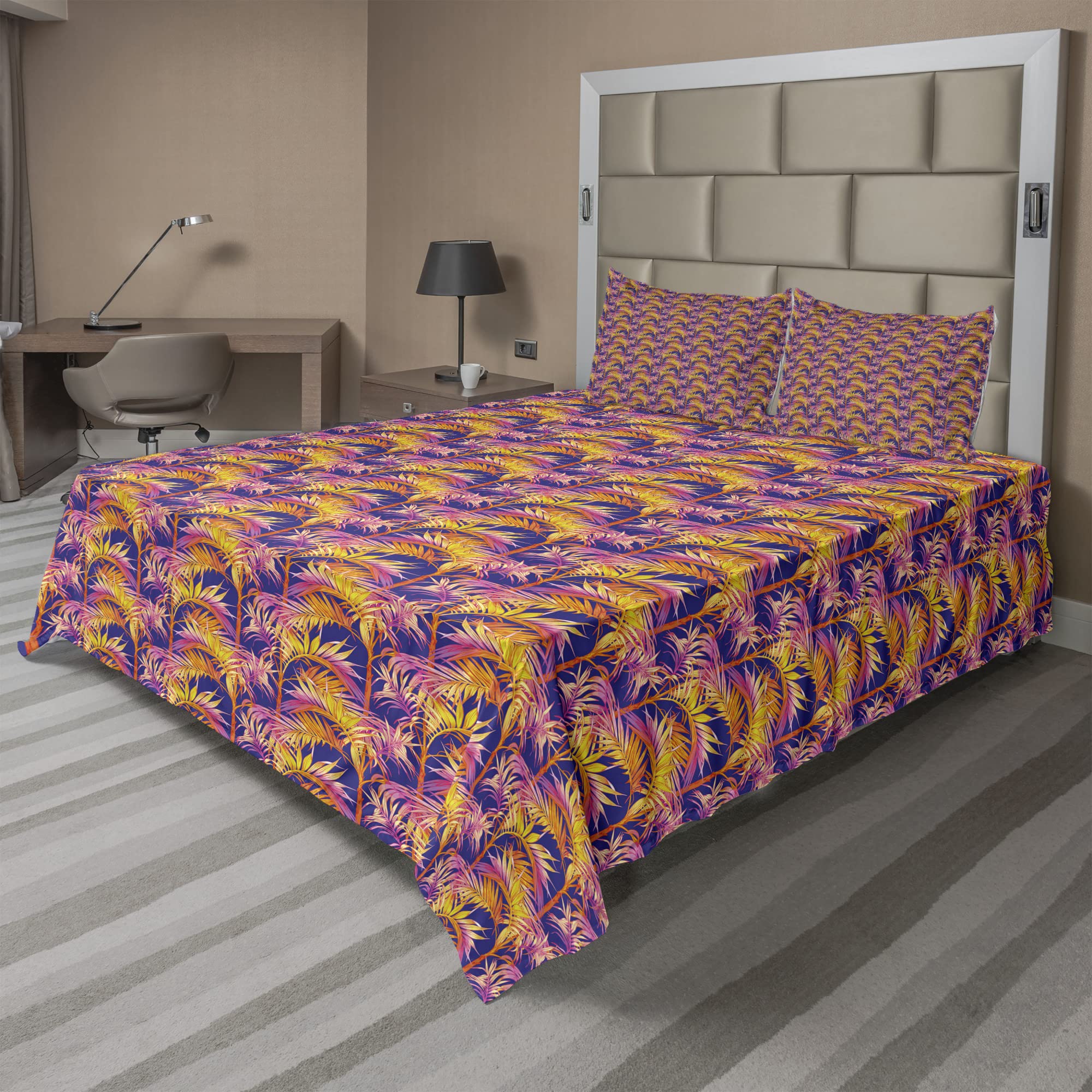 Ambesonne 4-Piece Tropical Botanical Sheet Set - Exotic Tree & Leafy Branches Design, Fitted & Flat Sheets with Pillowcases, Dark Lavender Marigold - Perfect for Beach House, Vacation Rental & Boho Bedroom Decor