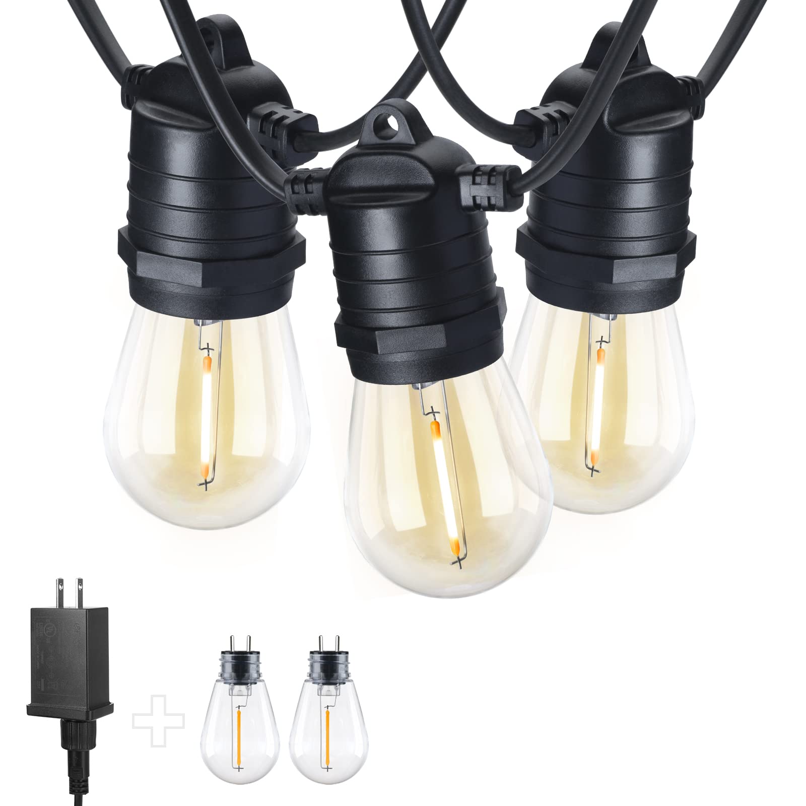 48FT Outdoor LED String Lights - 12V Low Voltage S14 Shatterproof Hanging Lights for Patio, Backyard, Gazebo, Porch - Weatherproof & Durable Decorative Lighting for Outdoor Parties, Weddings & Garden Decor