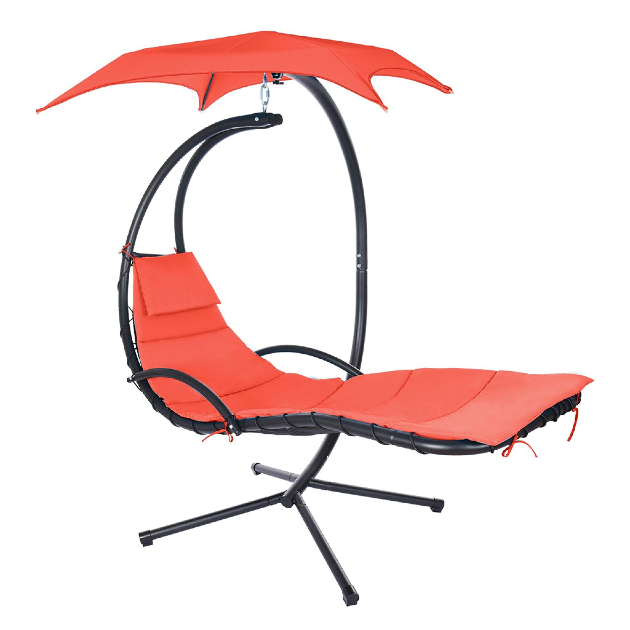 **Outdoor Hanging Curved Steel Chaise Lounge Chair Swing with Built-in Pillow & Removable Canopy - Orange - Perfect for Patio, Garden, or Poolside Relaxation**