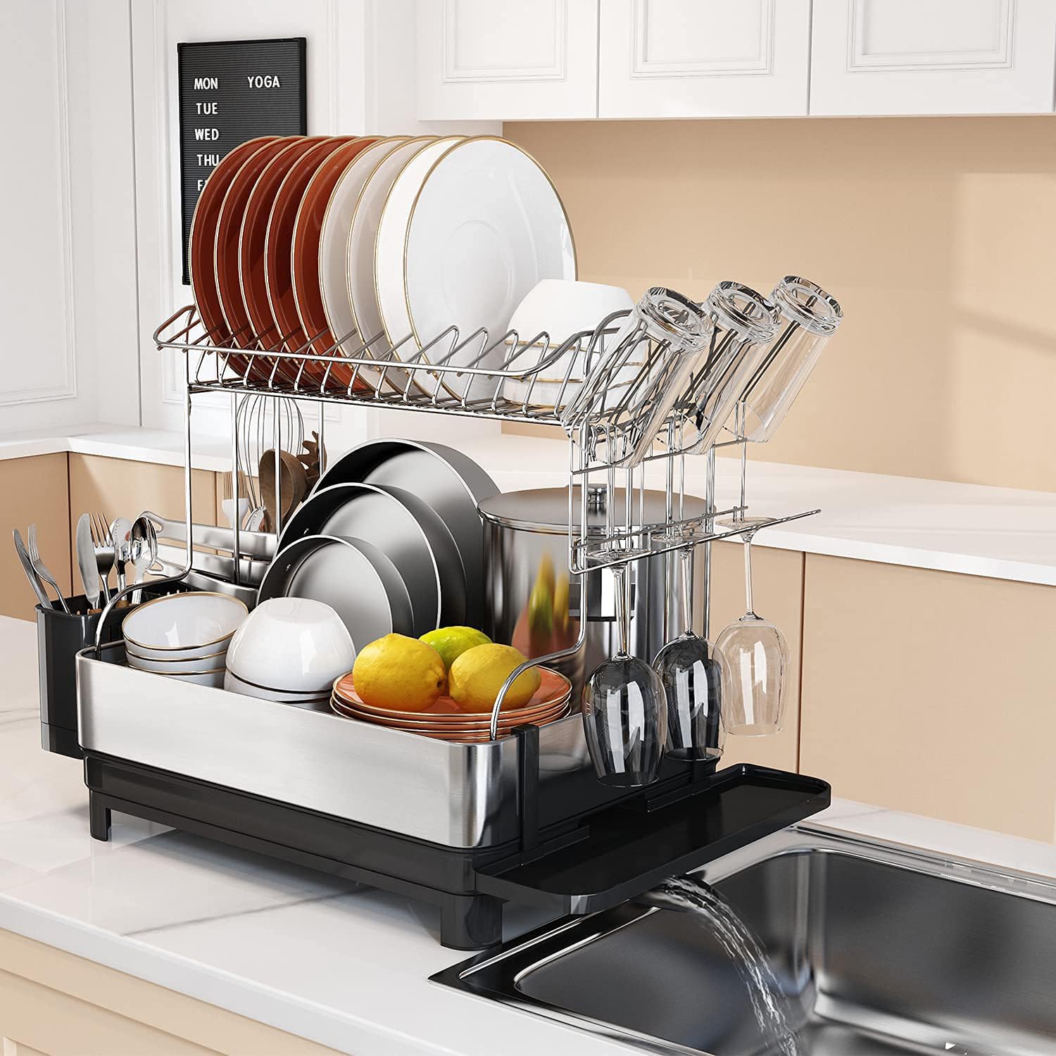 Romision 2-Tier Stainless Steel Dish Rack & Drainboard Set - Adjustable Drainage Spout, Utensil Holder & Cup Rack - Large Kitchen Counter Drying Rack with Water Tray - Perfect for Small Spaces, Apartments & Busy Kitchens