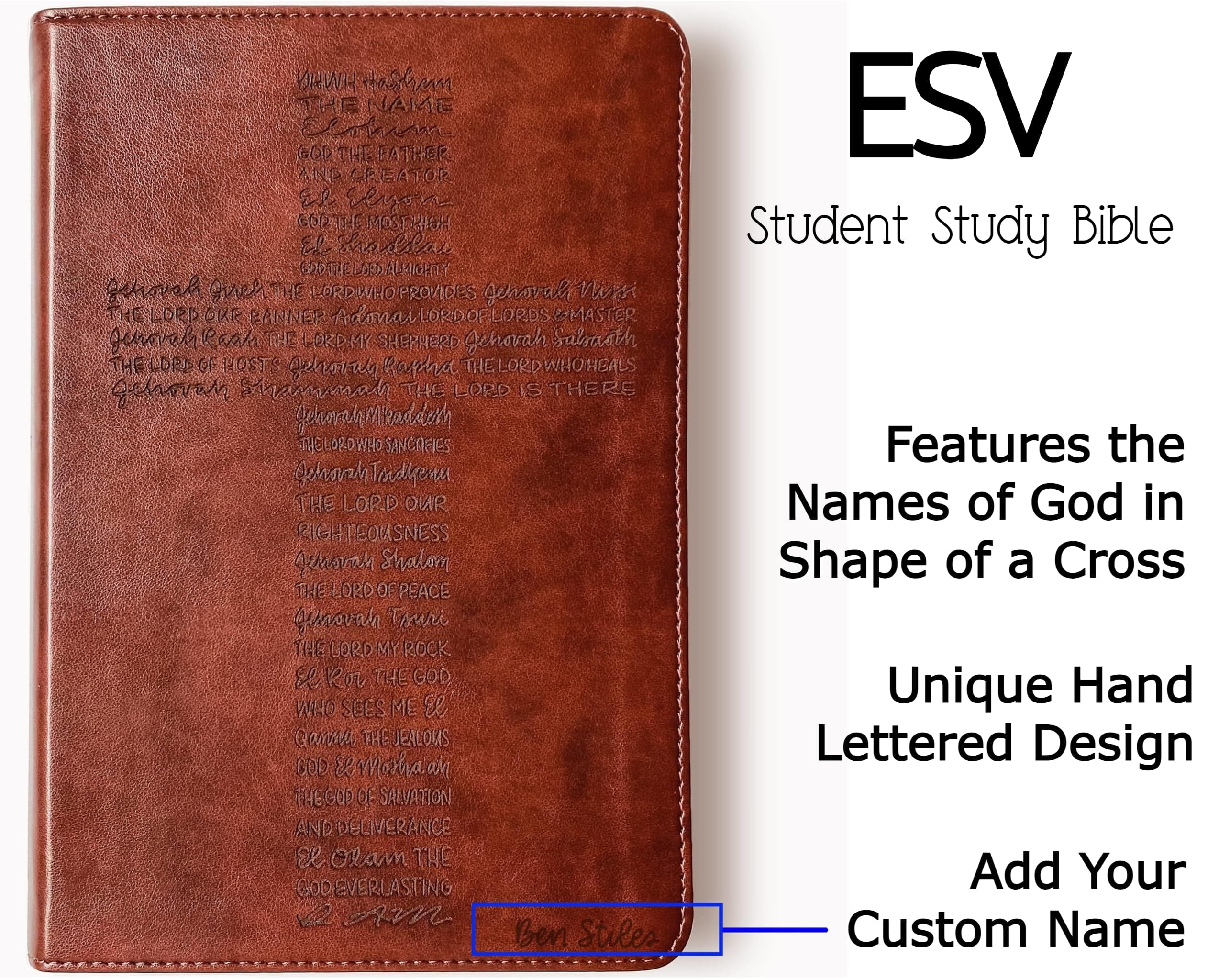 Hand Lettered & Laser Engraved ESV Student Study Bible - Personalized Brown Leather Bible with Custom Name Engraving | Perfect Gift for Graduation, Baptism & Bible Study