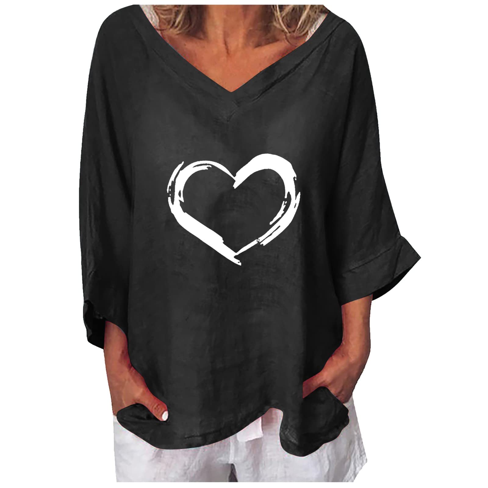 Women's Cotton Linen V-Neck Printed Long Sleeve Casual T-Shirt - Loose Fit Blouse & Plus Size Tee for Everyday Wear, Work & Weekend Outings