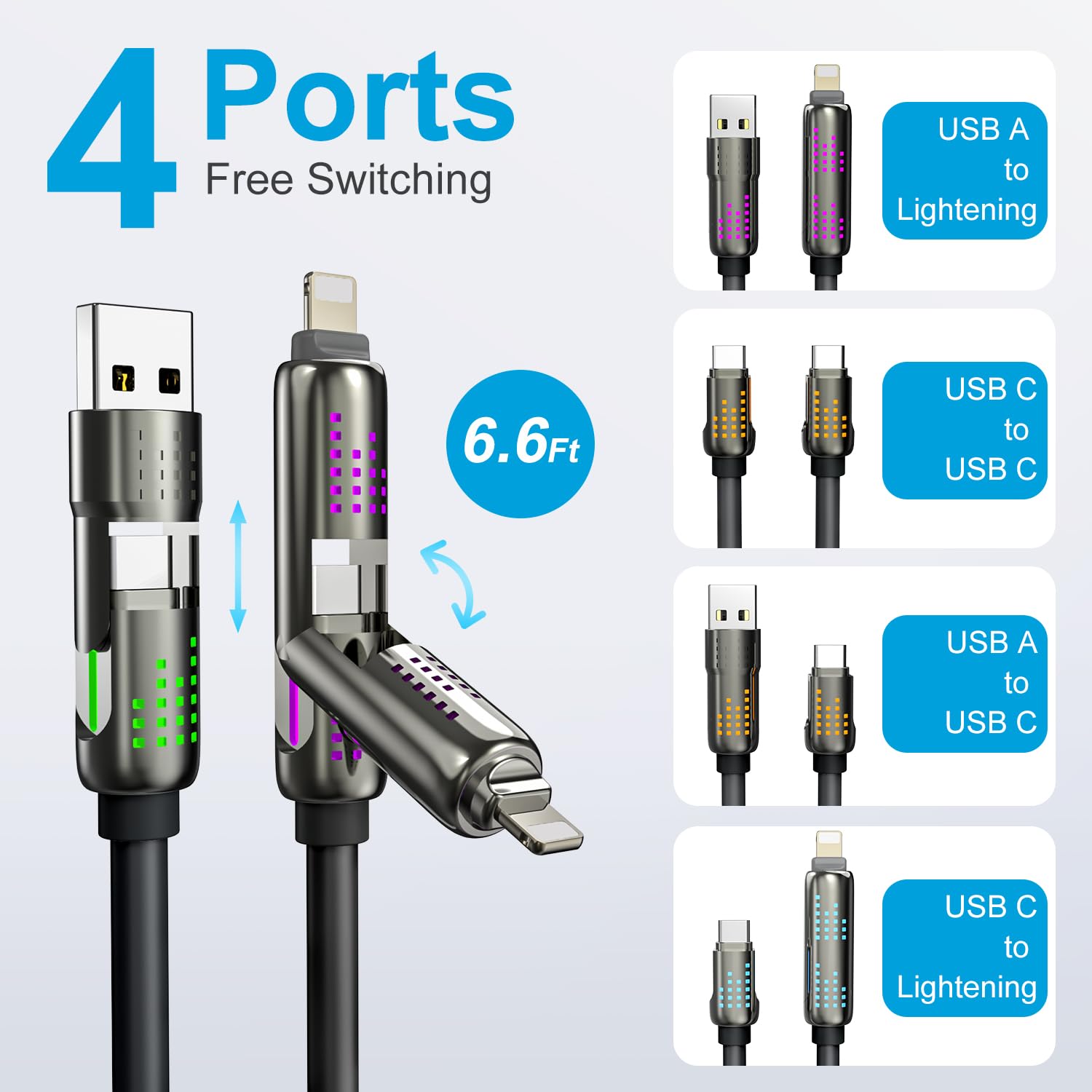 240W 4-in-1 Multi Charging Cable (6.6FT) - USB C to Lightning Cable with LED Indicator for iPhone 16/15/14 Pro Max, MacBook, iPad - Fast Charging Chubby Cable for Home, Office & Travel - Black