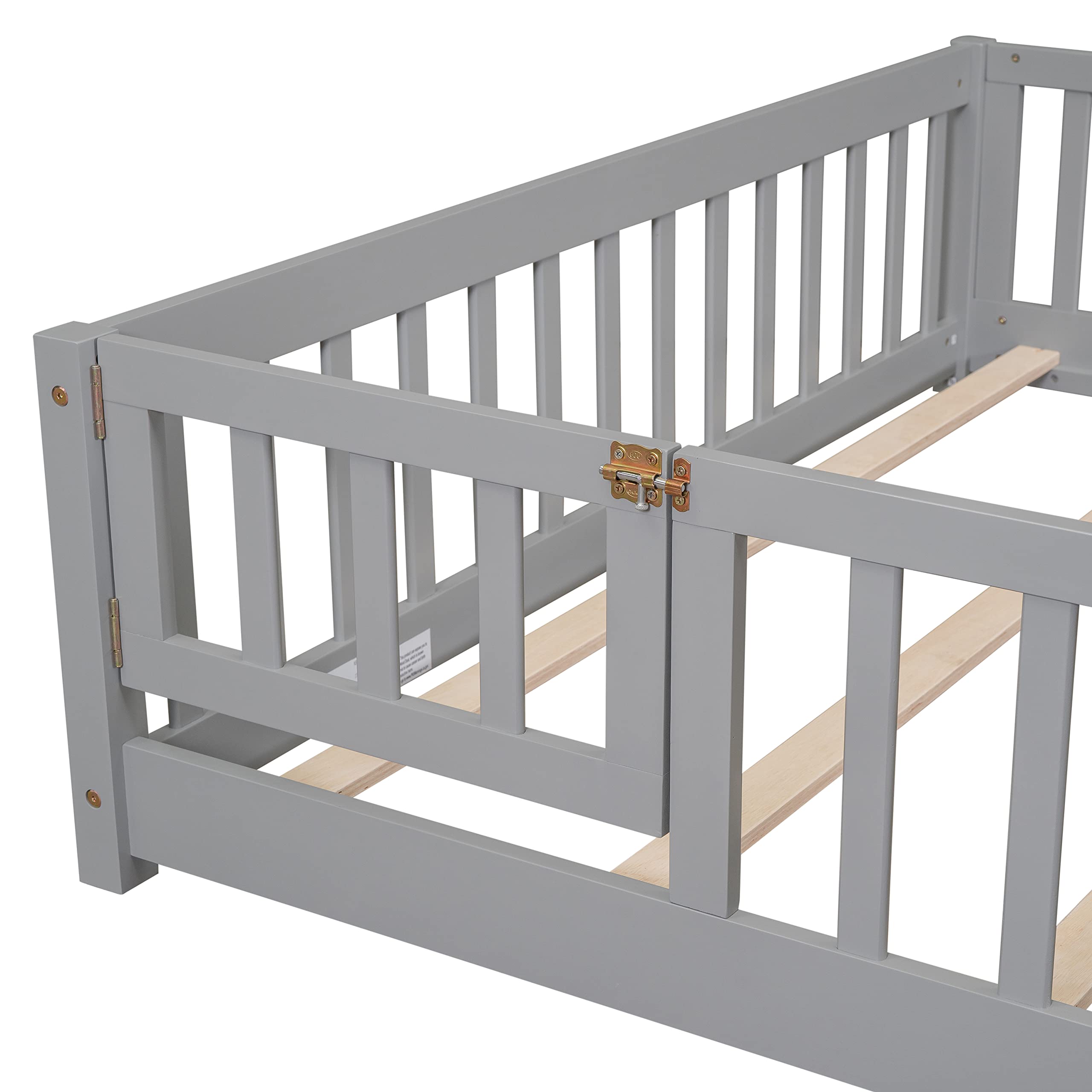 Queen Size Gray Wooden Floor Bed Frame with Safety Fence & 7 Slats - Sturdy Kids Bed for Toddler Room, Nursery, or Playroom - Low Profile Platform Bed with Guardrails for Child Safety