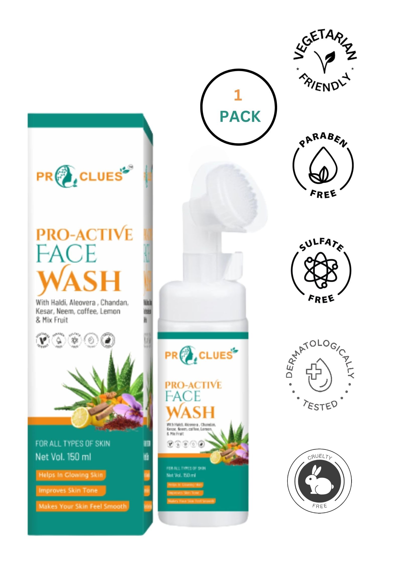 Proclues Refreshing & Deep Cleansing Pro-Active Face Wash with Herbal Extracts - Fights Pimples, Brightens Skin, Reduces Dark Spots & Improves Texture (150ml) | Gentle Daily Cleanser for Oily, Acne-Prone & Sensitive Skin