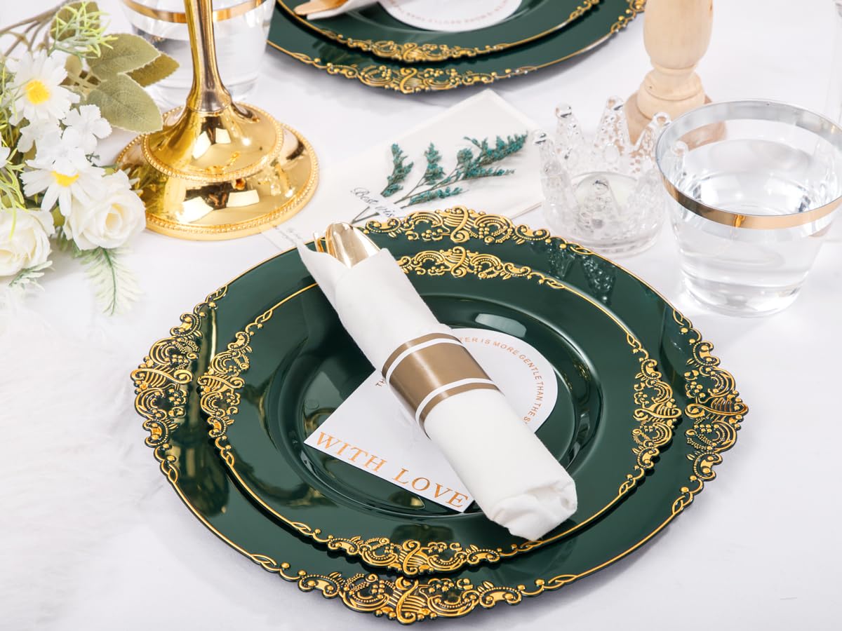 175-Piece Eco-Friendly Disposable Party Tableware Set - 50 Green Plastic Plates, 75 Silverware, 25 Cups & 25 Napkins for Wedding, Birthday & Events | Perfect for 25 Guests | Sustainable Party Supplies for Outdoor Gatherings & Celebrations