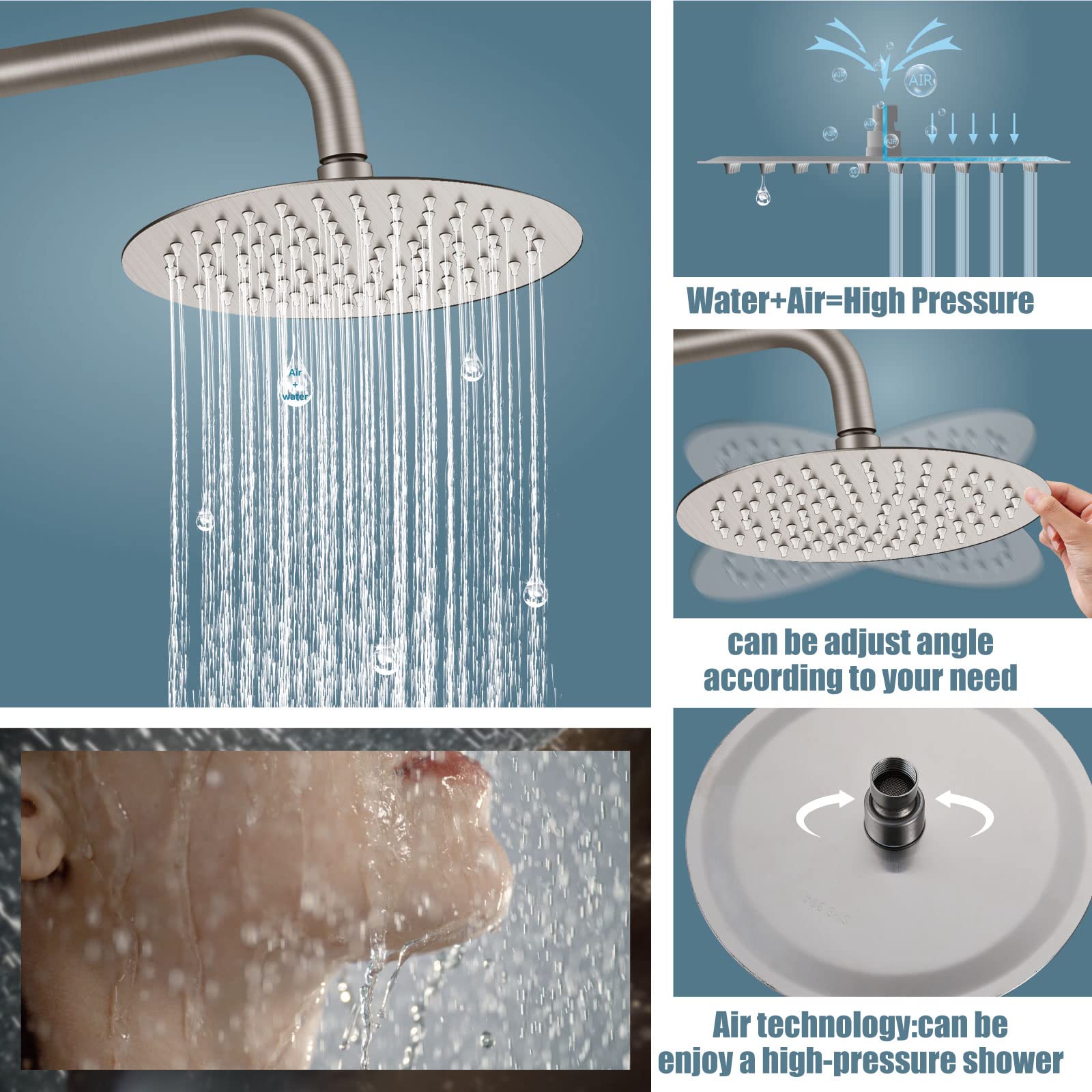 Aolemi 8 Inch Stainless Steel Shower Faucet Set - SUS304 Rainfall Shower Head with Hand Spray, 3 Function Combo, Brushed Nickel Finish - Perfect for Outdoor, Garden, and Patio Use