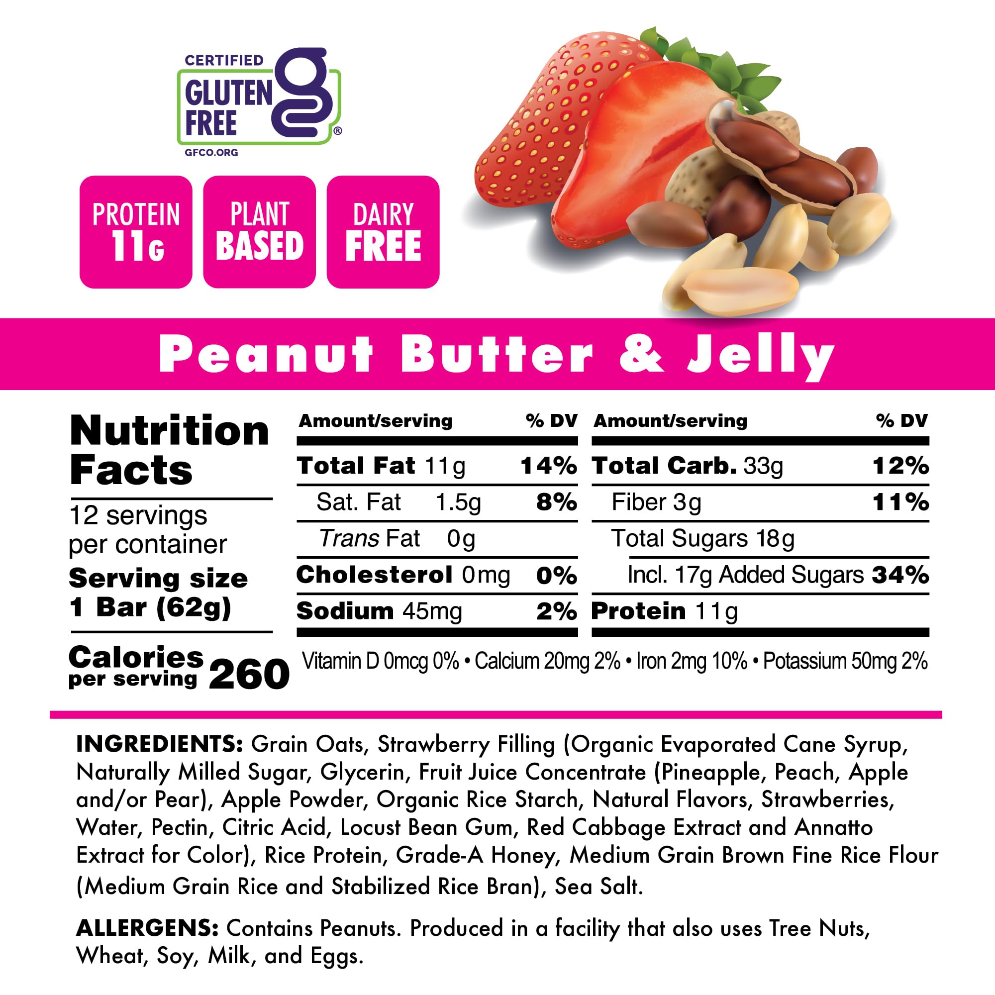Bonk Breaker Plant Based Protein Bars - Gluten Free, Dairy Free, 13g Protein, Peanut Butter & Jelly Flavor, 62g Bar (12 Pack) - Perfect for Post-Workout Recovery, Hiking Snacks & Healthy On-the-Go Nutrition