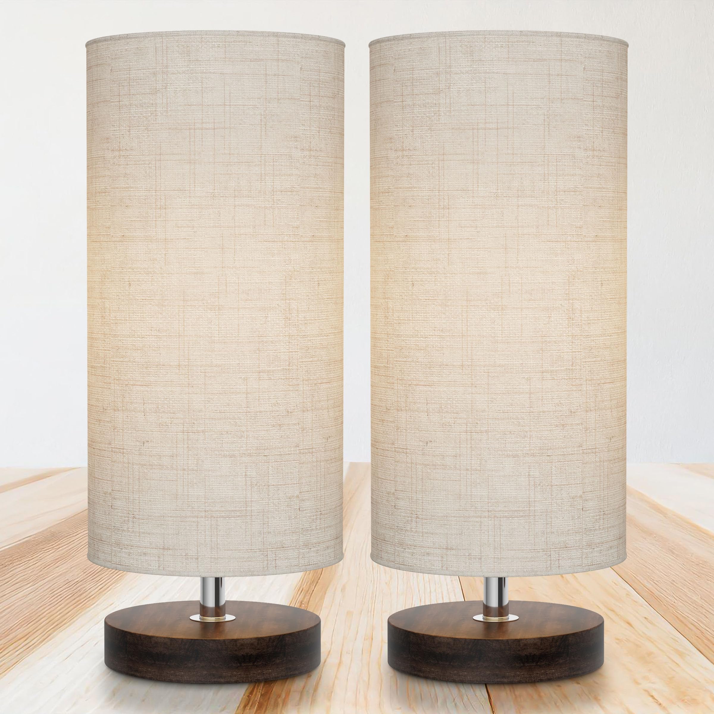 Lavish Home Small Table Lamp Set with Wood Base – Set of 2 Modern LED Cylinder Lights for Living Room, Bedroom & Home Office Decor | Warm White Lighting for Reading & Relaxing
