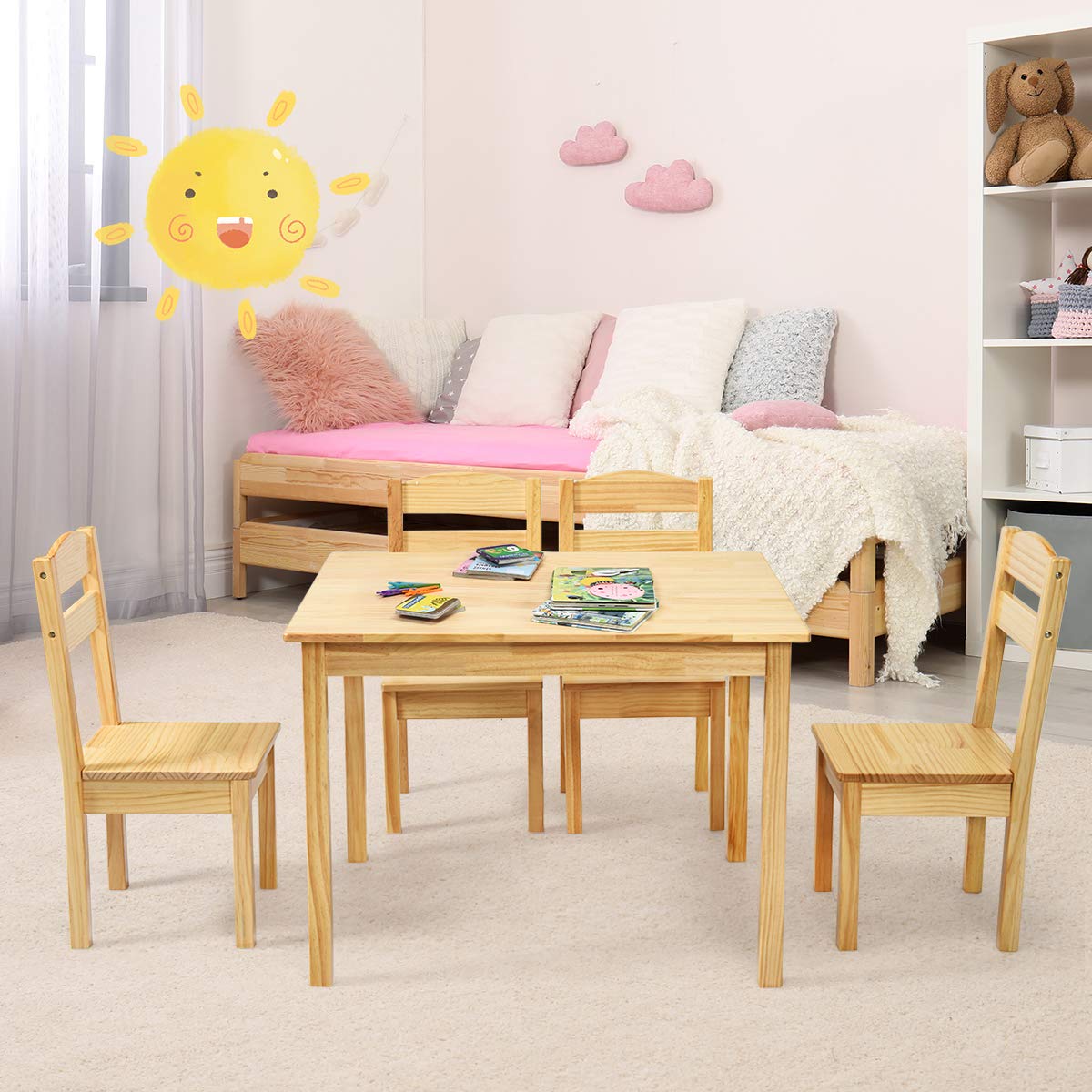 Costzon 5-Piece Kids Wooden Table and Chair Set - Natural Wood Activity Table & Chairs for Toddlers, Preschoolers | Perfect for Arts & Crafts, Homework, Snack Time | Durable Children's Furniture Set for Home, Classroom, Daycare - Ideal Gift for Boys & Girls