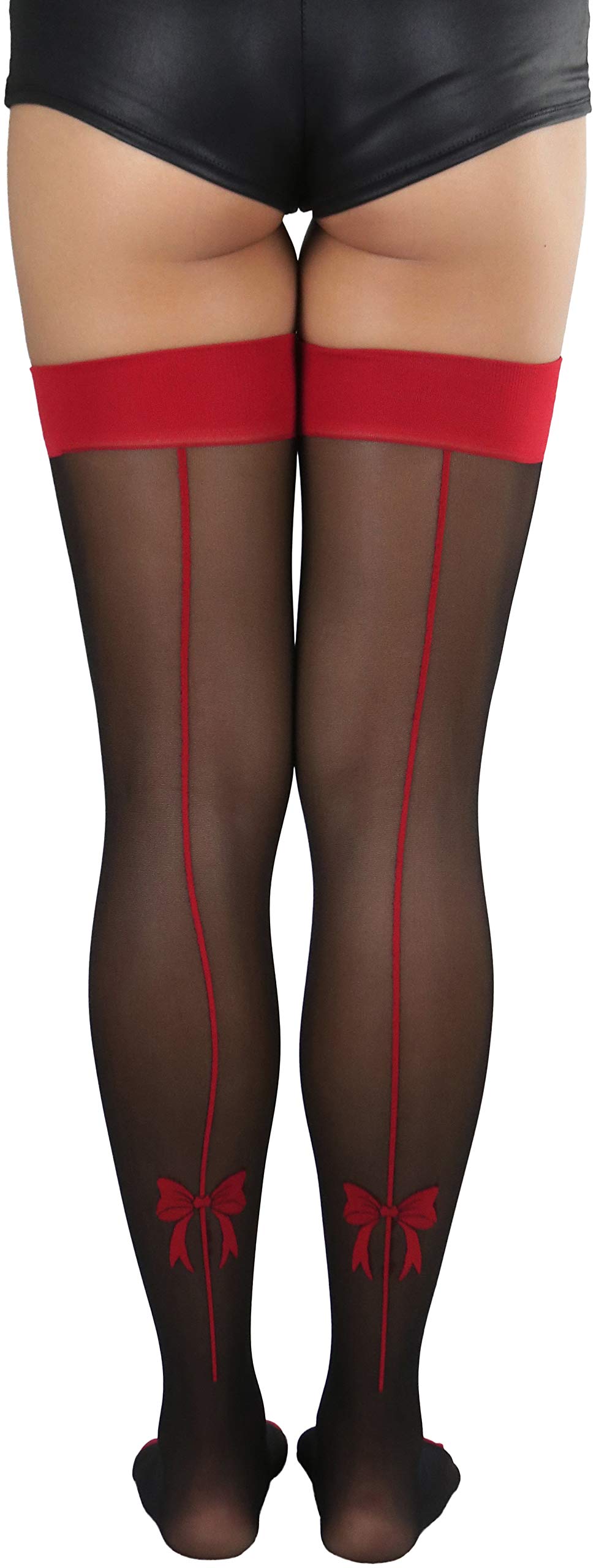 ToBeInStyle Women's Flirty & Fun Bow Contrast Colored Backseam Stockings - Sexy Thigh High Socks for Date Night, Cosplay & Lingerie Outfits