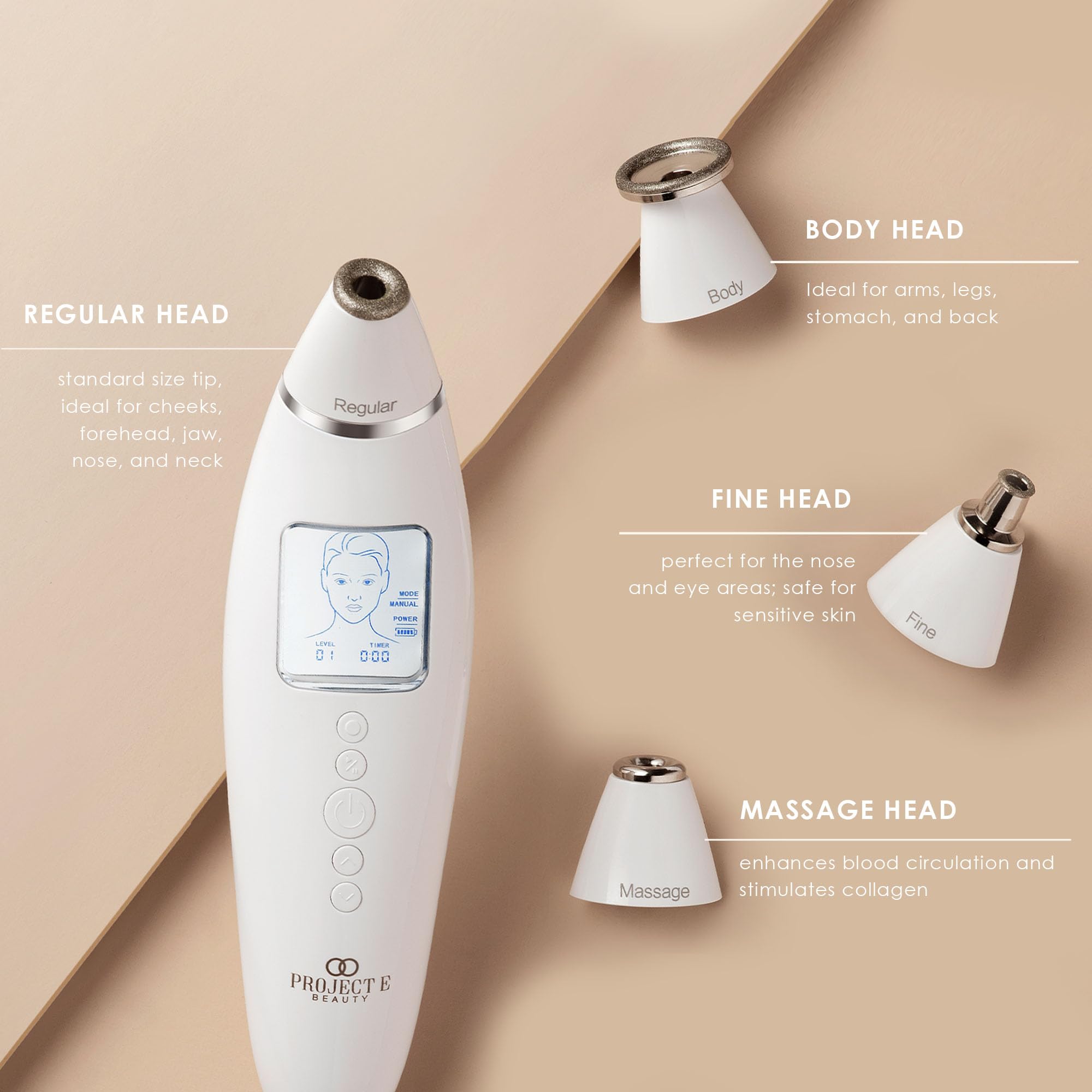 Project E Beauty Facial Microdermabrasion Wand - Gentle Exfoliating Device for Wrinkles, Fine Lines & Pores Reduction - 4 Interchangeable Heads with Vacuum Suction - Achieve Fresh, Radiant Skin - Perfect for At-Home Spa Treatments & Anti-Aging Skincare Routine