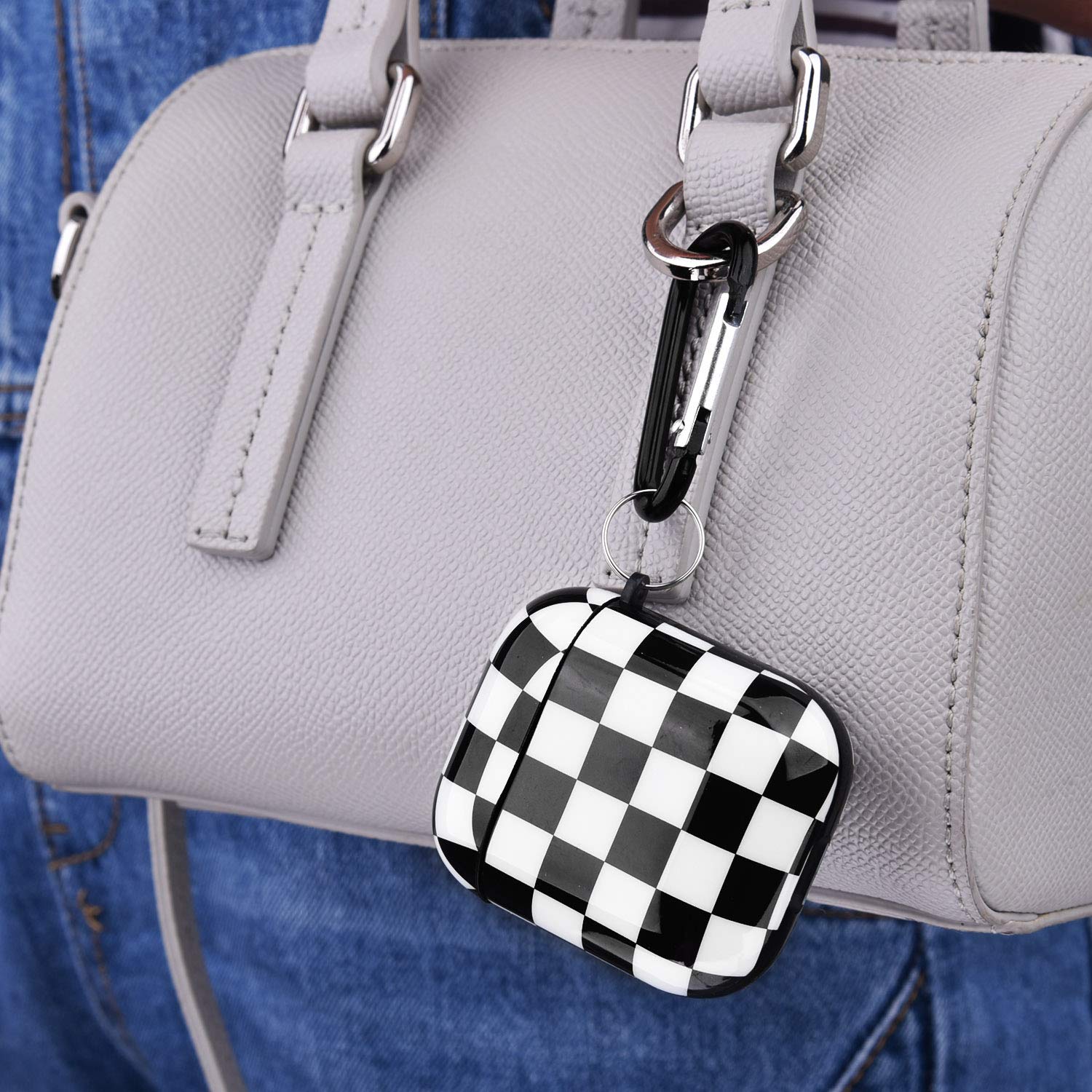 Cute Marble Protective Case Cover with Keychain for Apple AirPods 1/2/Pro - Compatible with Wireless Charging, Stylish Durable Skin for Men & Women (Black White Checkers) - Perfect for Travel, Gym & Daily Use