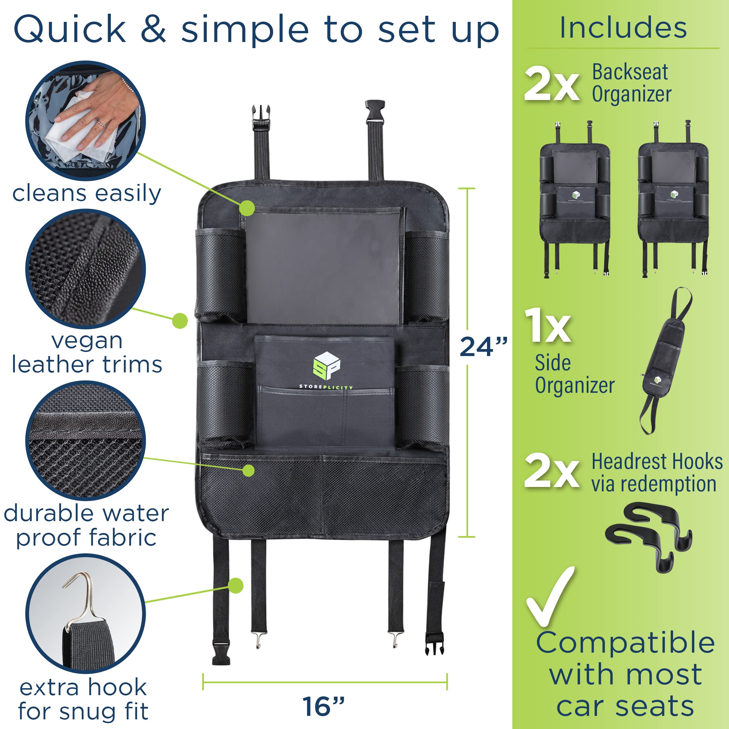 Storeplicity Universal Car Backseat Organizer Set - 2 Pack Multifunctional Seat Organizers with 13 Pockets (24x16in Back & 14.5x5in Side) - Perfect for Kids Toys, Snacks & Road Trips - Ideal for SUVs, Minivans & Family Vehicles