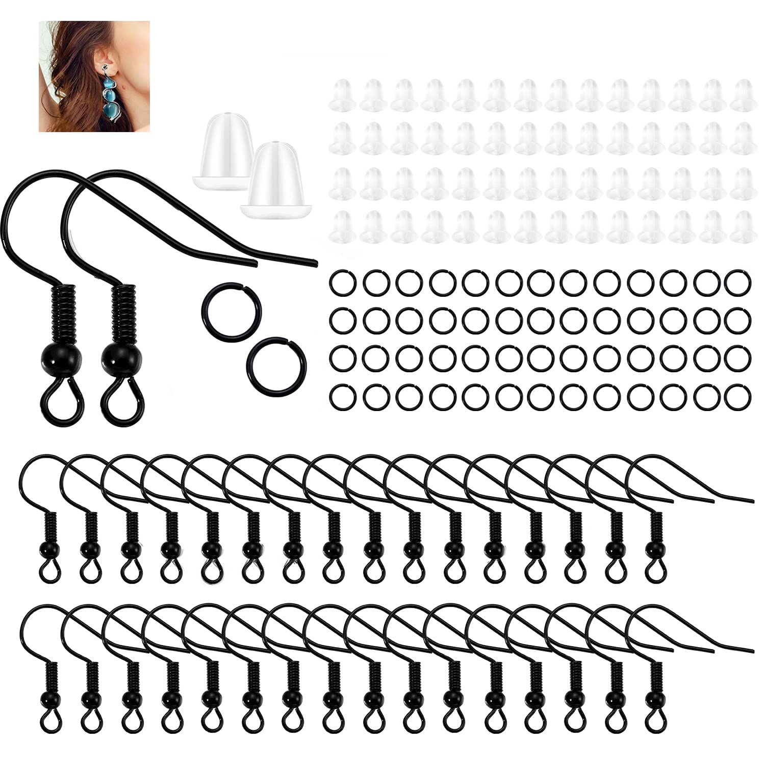 600Pcs Hypoallergenic Earring Hooks Kit with Open Jump Rings & Earring Backs - DIY Jewelry Making Supplies for Sensitive Ears (Black) | Perfect for Handmade Earrings, Gifts & Craft Projects