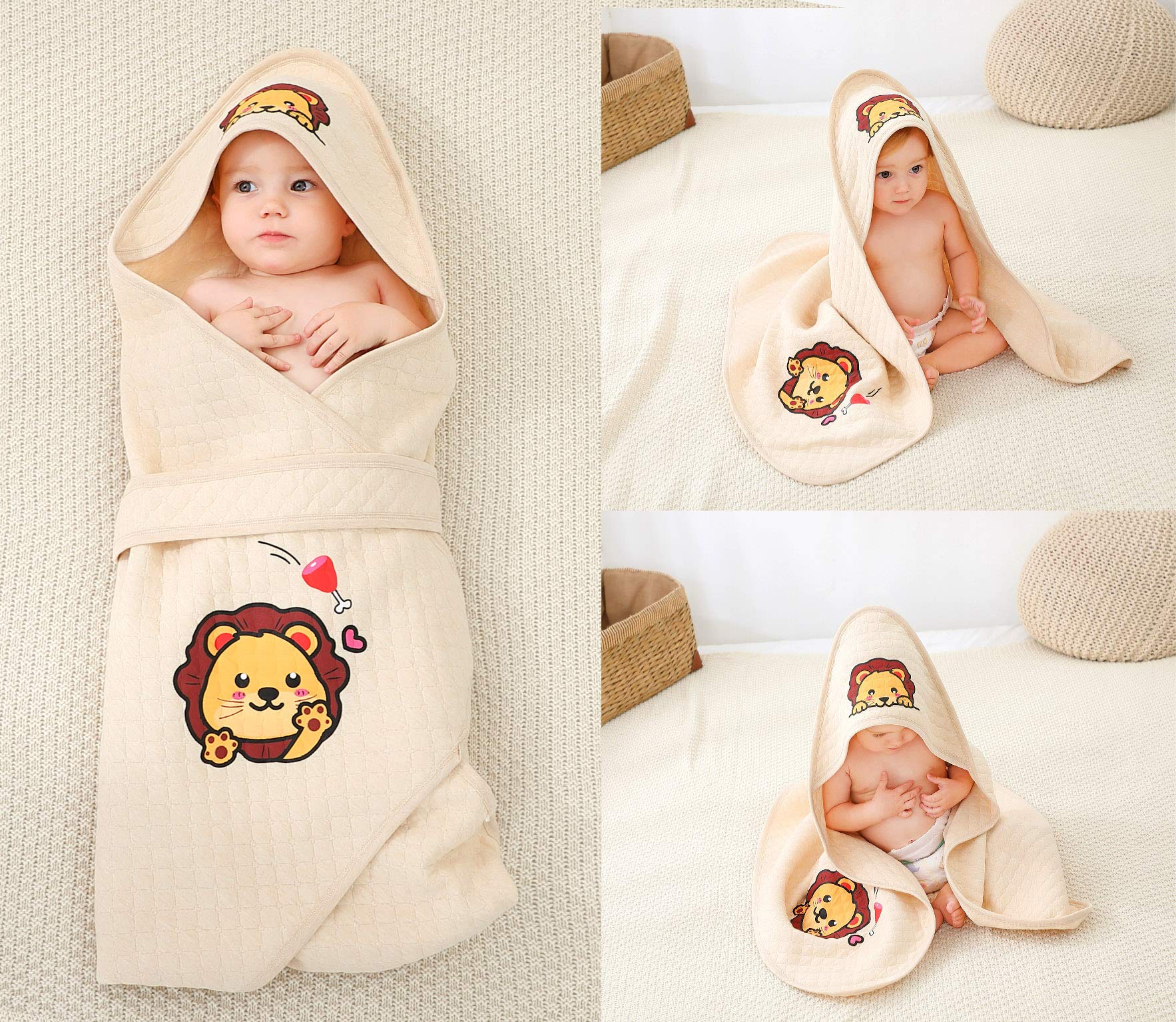 Organic Cotton Baby Wearable Blanket with Lion Print - Unisex Newborn Hooded Sleep Sack for Cozy Naps & Bedtime (Lion Design) - Perfect for Nursery, Stroller, and Travel