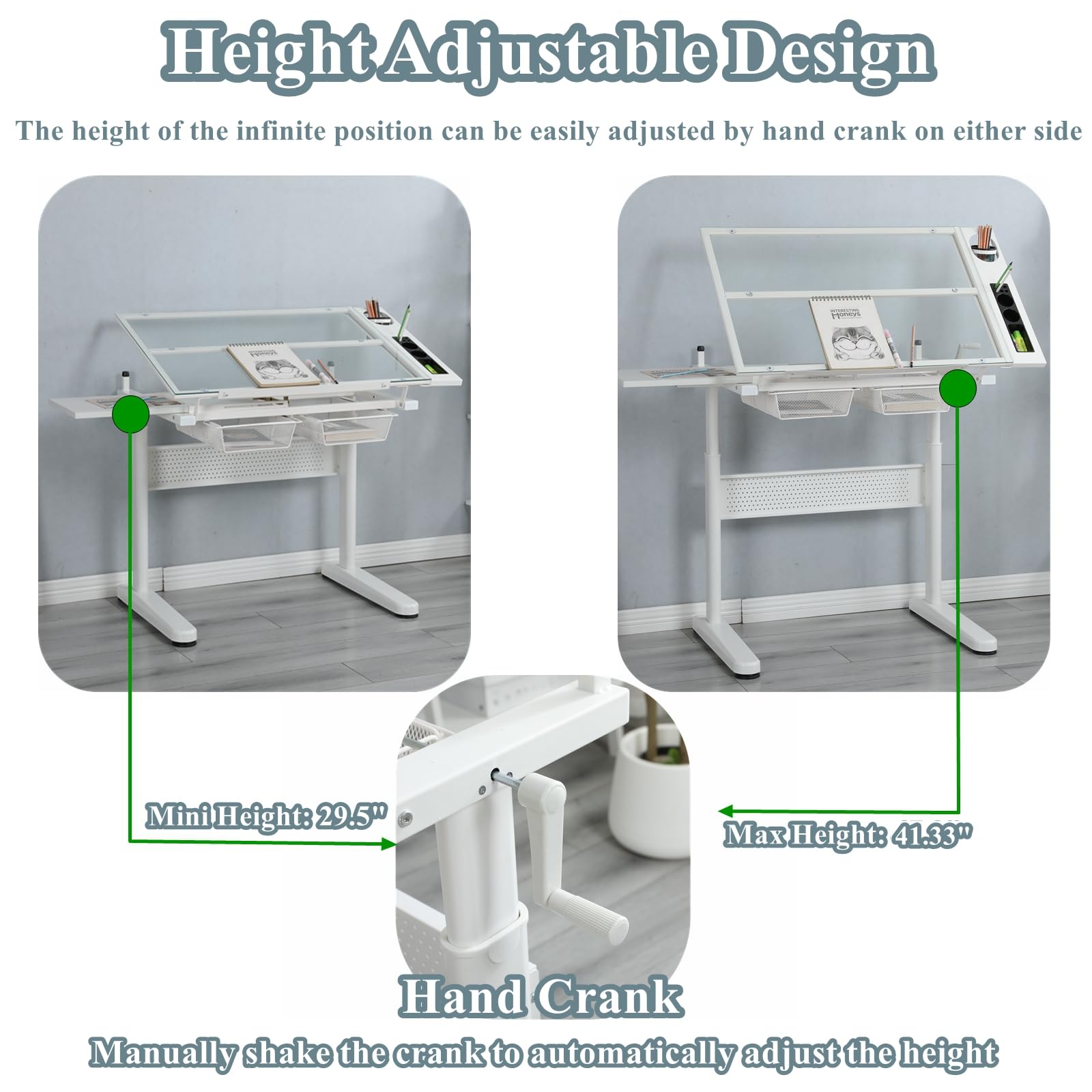 Upgraded Adjustable Height Glass Drafting Table with Hand Crank - Tilting Art & Craft Desk for Artists, Architects & Designers | Includes Stool, 2 Storage Drawers & Side Table | Perfect for Home Office, Studio & Creative Workspace (No.2-White)