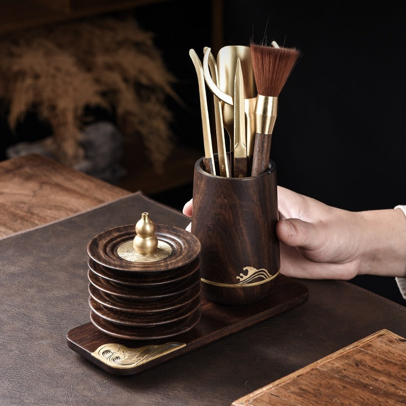 Premium Ebony Wood Tea Set with Cup & Incense Holder - Traditional Japanese Style Tea Ceremony Accessories for Meditation & Relaxation