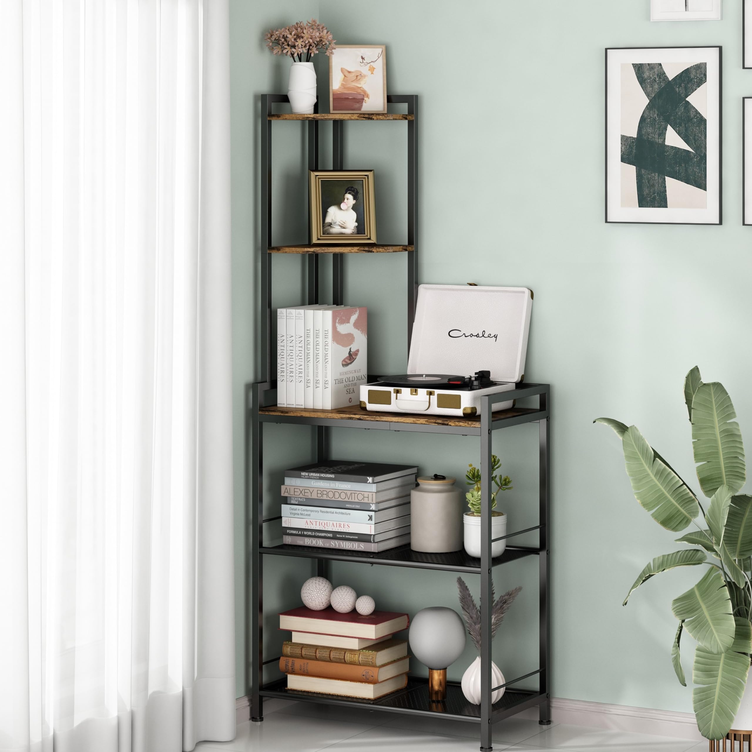 GILLAS 5-Tier Corner Shelf - Rustic Metal Storage Organizer for Living Room, Bedroom & Office