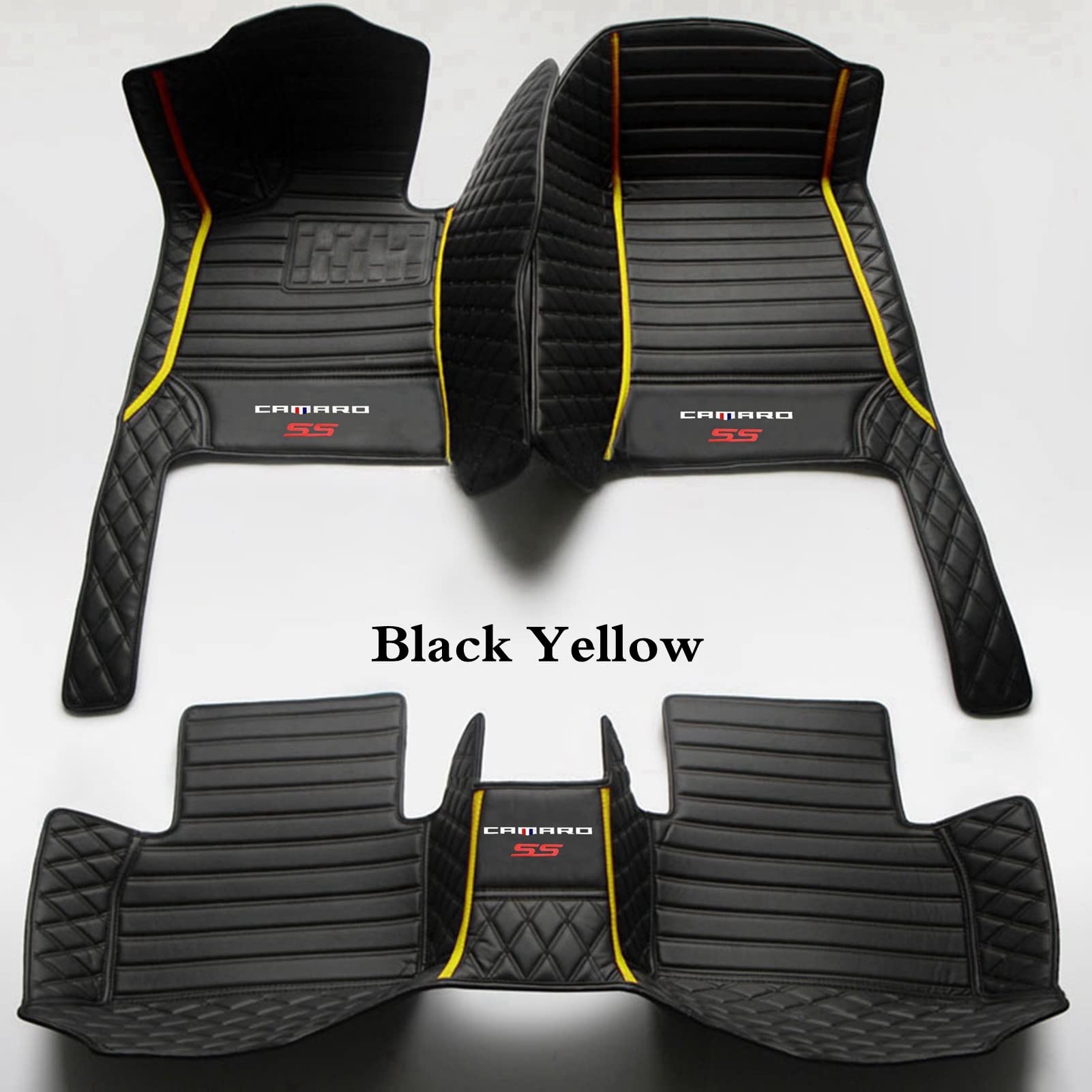 Custom Fit Chevrolet Camaro Floor Mats 2016-2022 | All-Weather Waterproof Car Mats | Non-Slip Luxury Leather Carpet Cover | Full Coverage Floor Liners for SS Models | Black & Yellow Auto Accessories | Perfect for Daily Commuting, Road Trips & Winter Protection