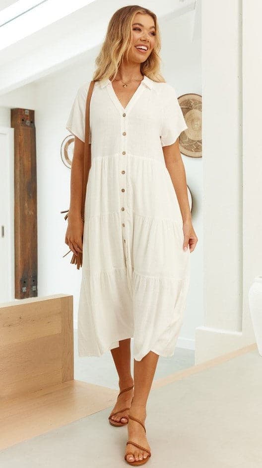 Kimberly Midi Dress - Elegant White Flowy Dress for Women | Perfect for Weddings, Parties & Summer Outfits
