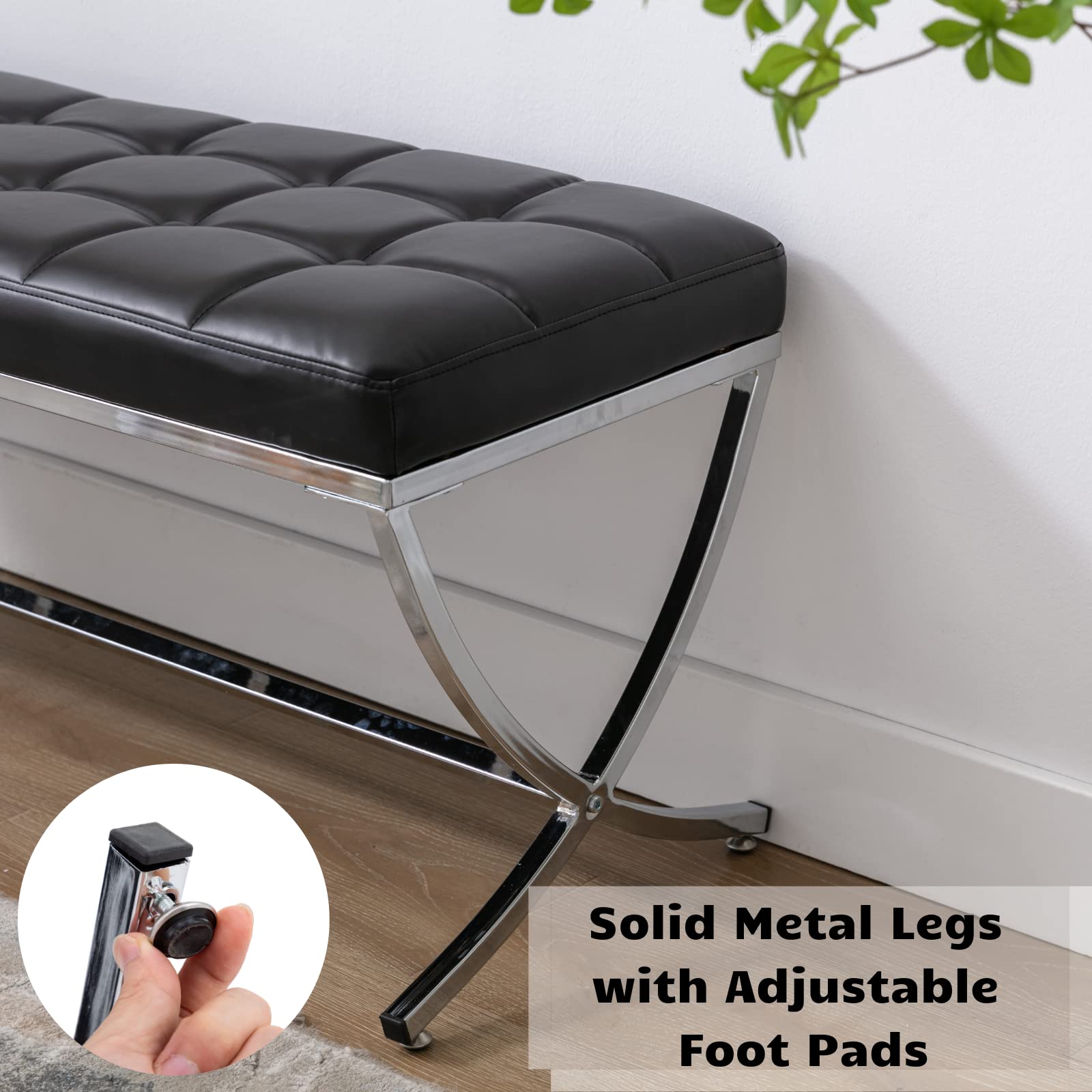 Modern Dining Bench with Button Tufted Ottoman & Metal Legs - Upholstered PU Faux Leather Footstool for Living Room, Entryway, Bedroom - Black | Perfect for Dining Tables, Hallway Seating & Bedroom Decor