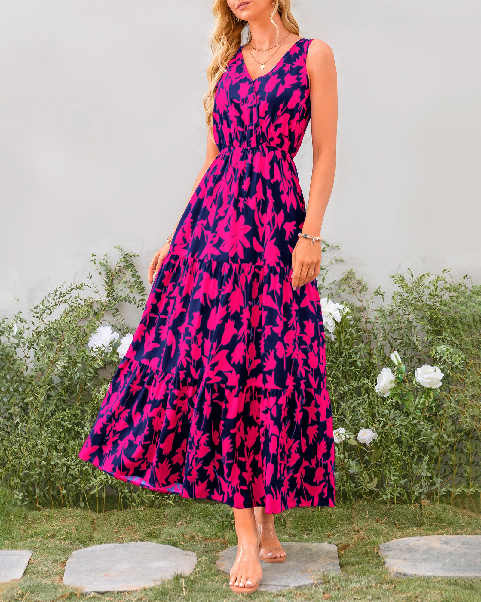 BTFBM Women's Summer Casual Sleeveless Floral Maxi Dress - Cute Long Dress for Wedding Guest, Beach Vacation, Date Night & Outdoor Parties
