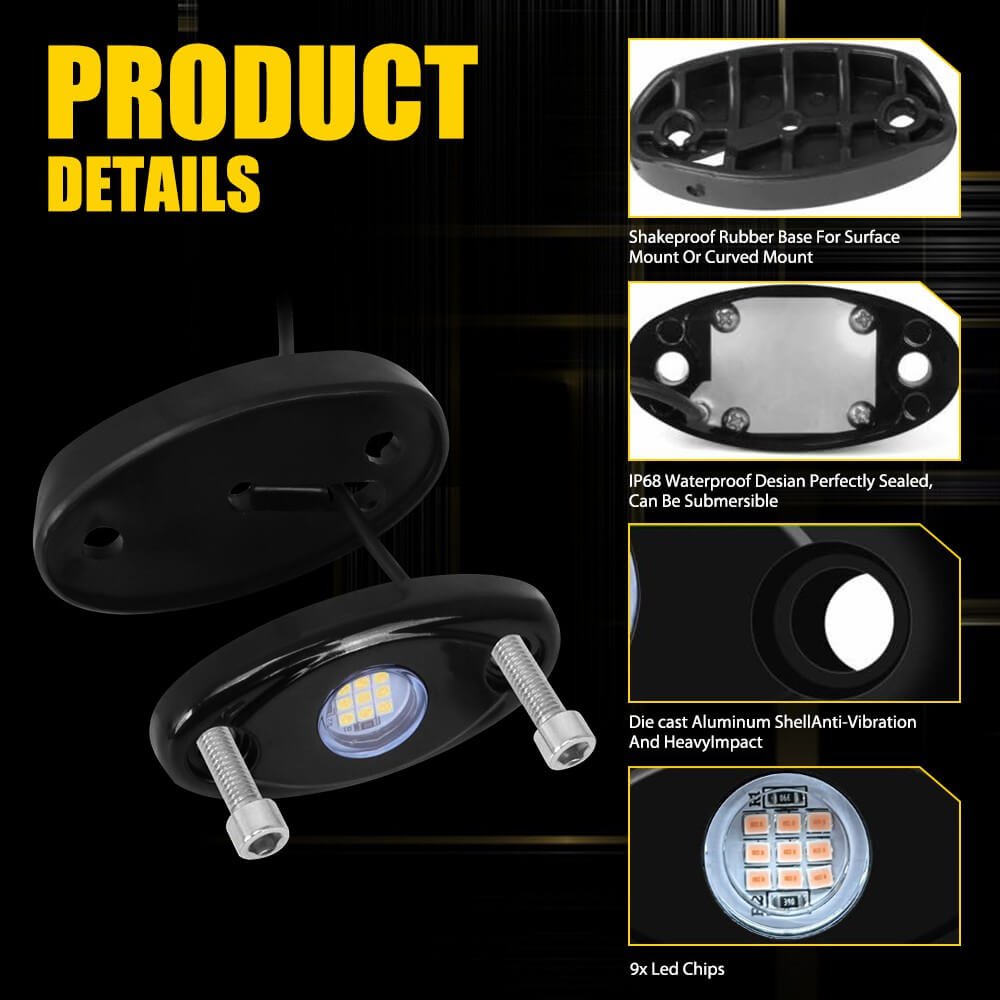 4pcs LED Rock Lights for Jeep, Off-Road Truck, UTV, ATV - Underbody Wheel Lights with 9 LEDs Each - Perfect for Night Off-Roading, Car Shows & Vehicle Customization