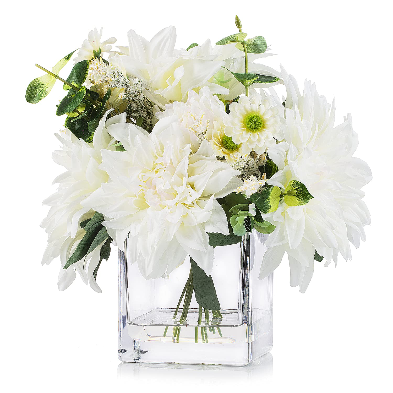 ENOVA HOME Mixed Artificial Dahlia Flower Arrangement in Cube Glass Vase with Faux Water - Cream Silk Flowers for Home, Office, Wedding & Table Decor - Long-Lasting Centerpiece for Living Room, Dining Table & Shelf Display