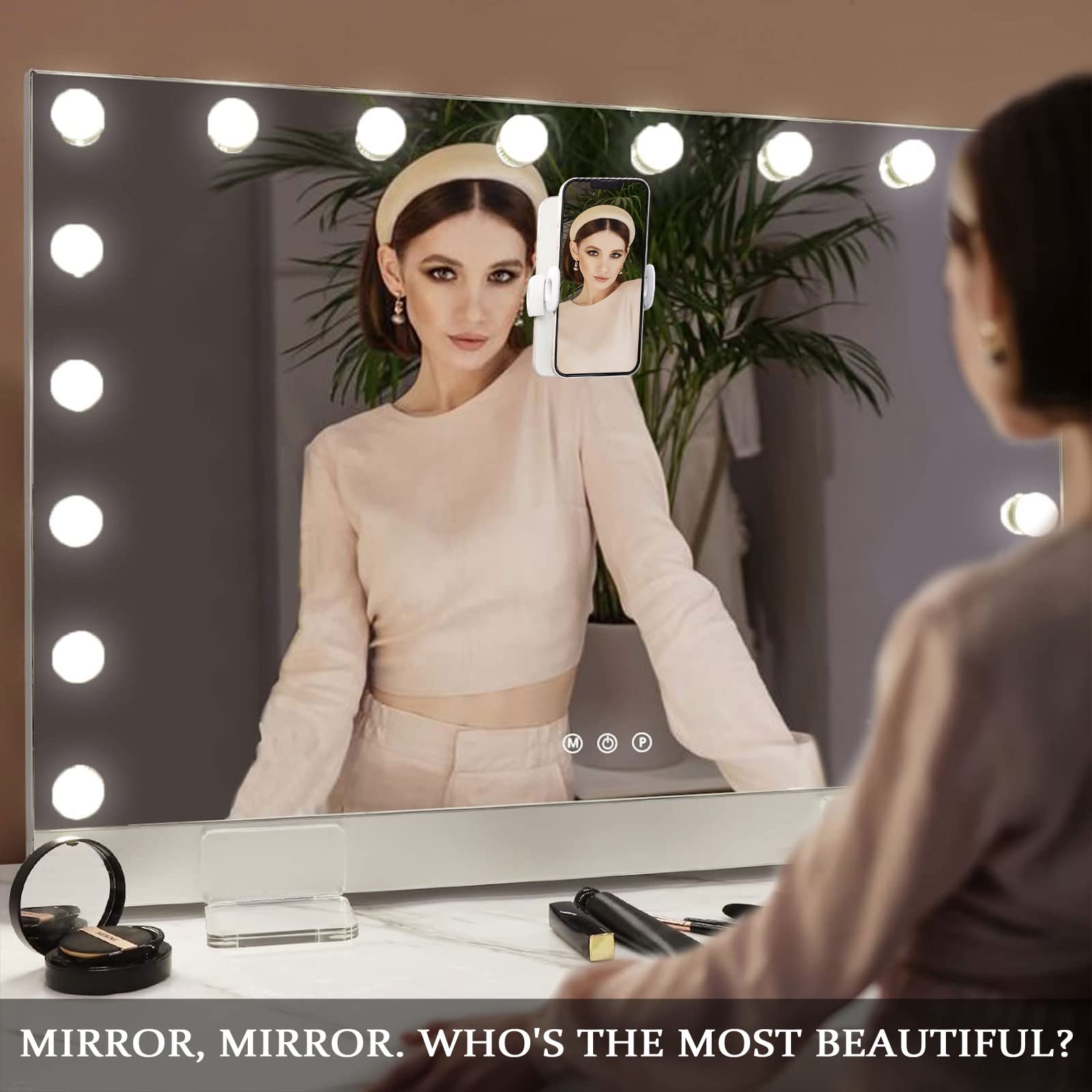 COOLJEEN 32x24 Inch Ultra-Thin Hollywood Vanity Mirror with 18 LED Lights, Selfie Remote Control & Magnetic Phone Holder - Large Wall Mount or Tabletop Makeup Mirror for Dressing Room, Bedroom, and Professional Makeup Studio