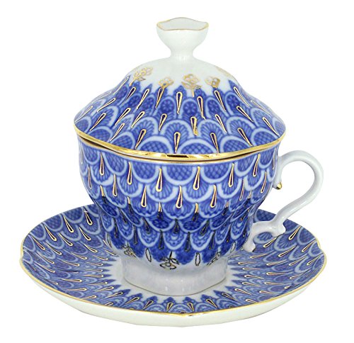 Lomonosov Porcelain Tea Cup and Saucer Set - 8.45 oz (250 ml) Hand-Painted Forget-Me-Not Floral Design - Elegant Russian Tea Set for Afternoon Tea, Gift Giving & Home Decor