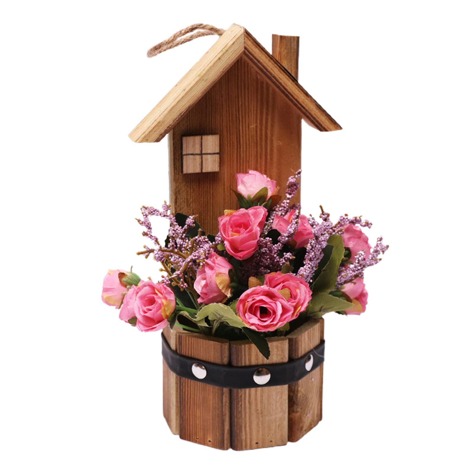 XPT Artificial Rose Bonsai - Elegant Wooden House Simulation Rose Plant, Exquisite Wall Hanging Decor for Wedding, Home, Office | Portable Pink Faux Potted Flowers for Indoor & Outdoor Decoration