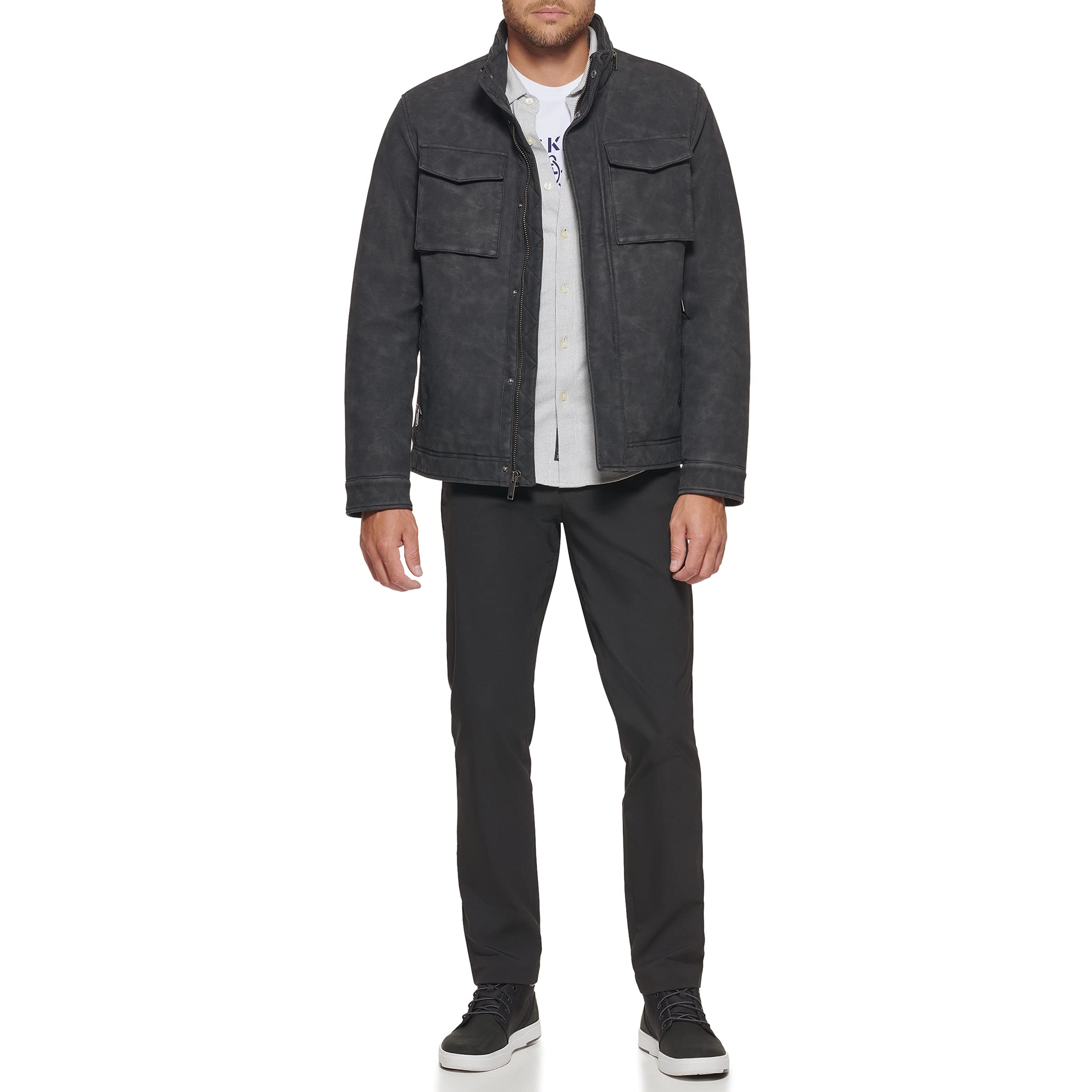 DOCKERS Men's Faux Leather Military Jacket - Waterproof Windbreaker Coat for Outdoor, Casual & Work Wear | Durable Lightweight Jacket for Hiking, Travel & Everyday Use