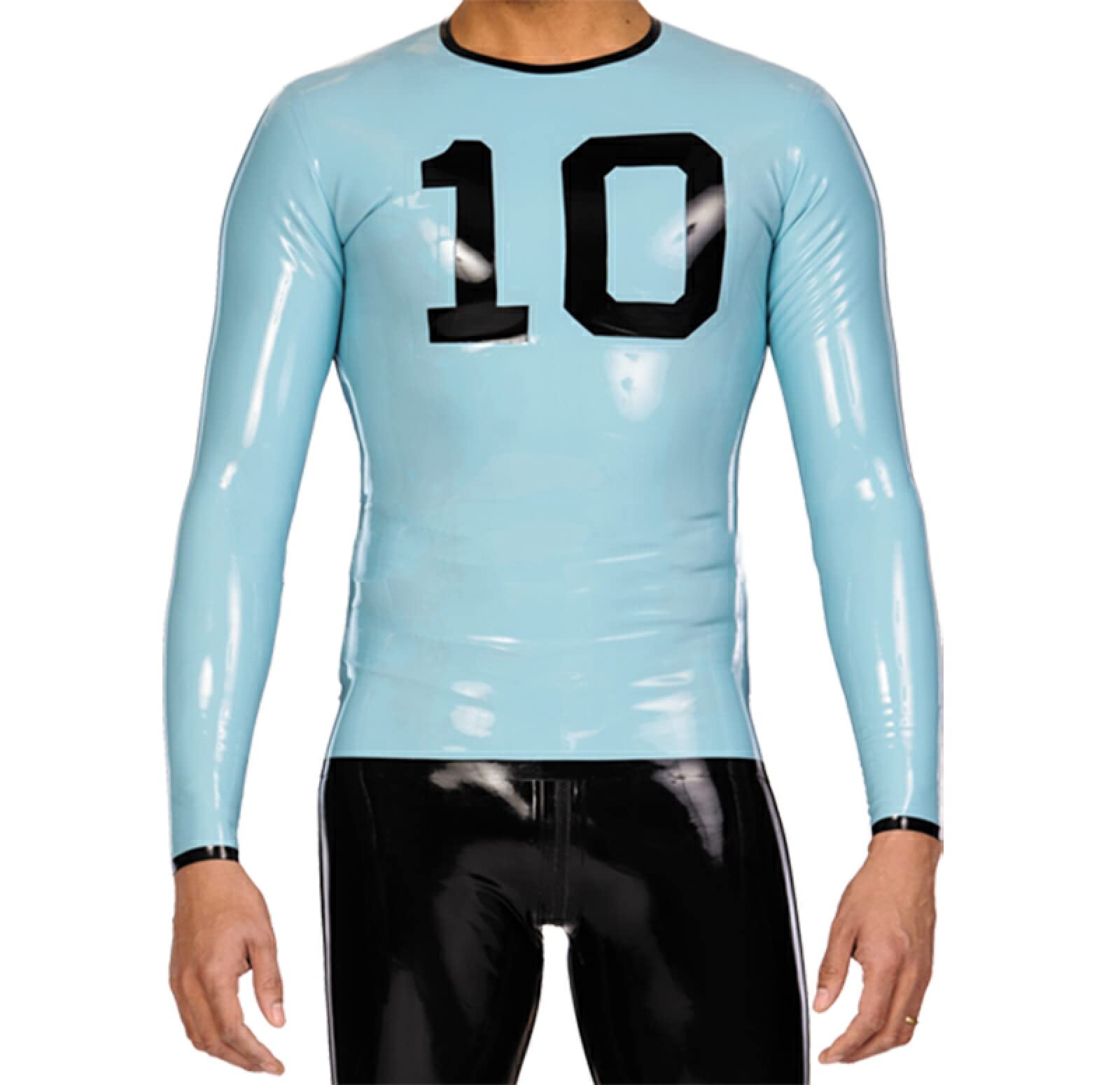 MCWJ Men's Long Sleeve Sky Blue Latex T-Shirt with Number 10 Print - Comfortable Stretchy Shirt for Casual Wear, Cosplay & Halloween Costumes