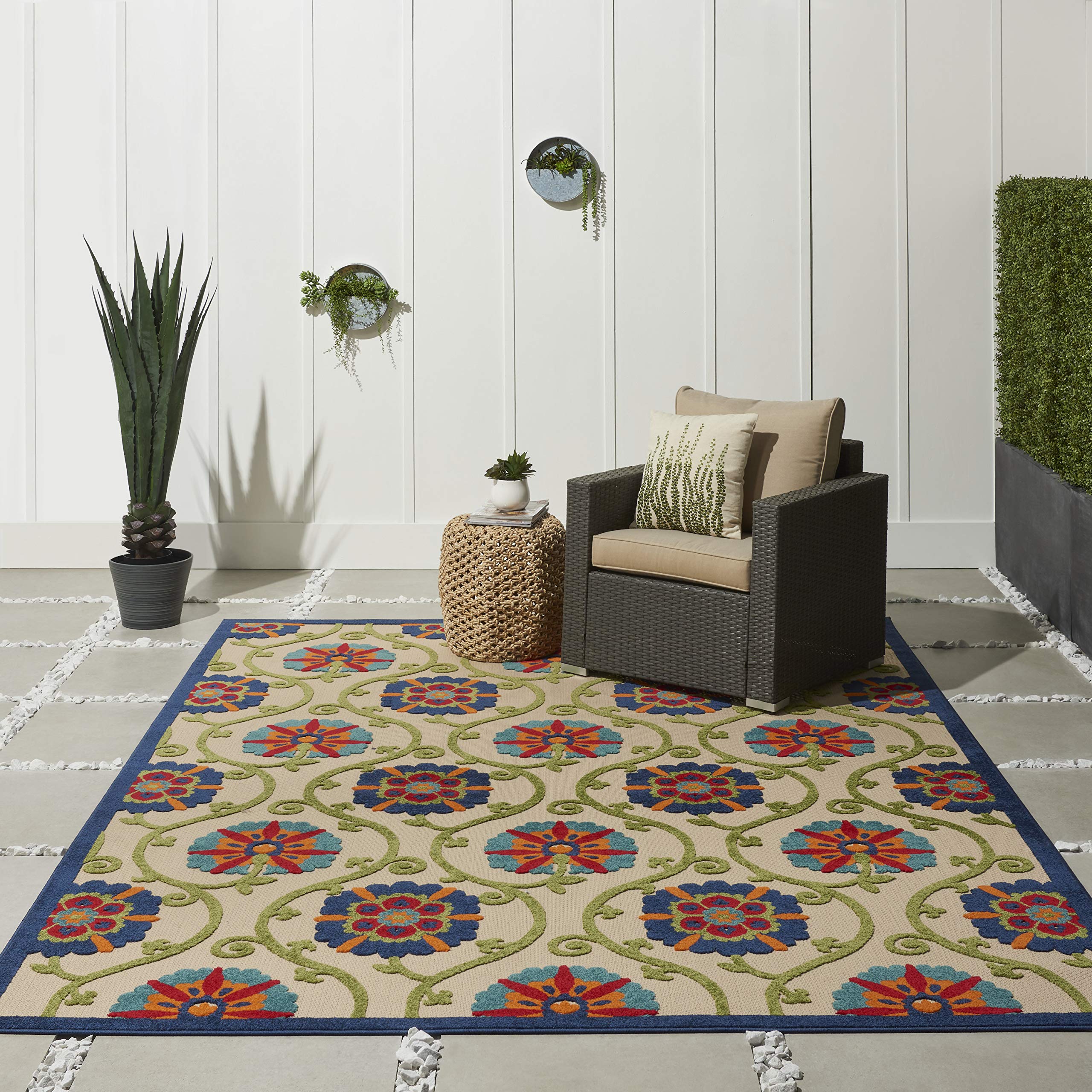 Nourison Aloha Indoor-Outdoor 7' x 10' Area Rug - Blue & Multicolor Design, Easy to Clean, Non-Shedding | Perfect for Bedroom, Living Room, Dining Room, Deck, Backyard & Patio (7x10)