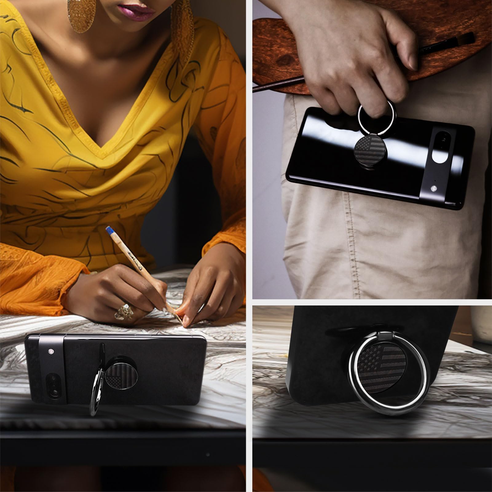 Premium Wooden Phone Ring Holder - Carveit Finger Stand Grip & Kickstand for iPhone 16 Pro Max/15/14/13, Galaxy S24 Ultra/S23, Pixel 9 (Blackwood+Cherry/Black/American Flag) - 2 Pack - Perfect for Workouts, Commuting & Hands-Free Viewing