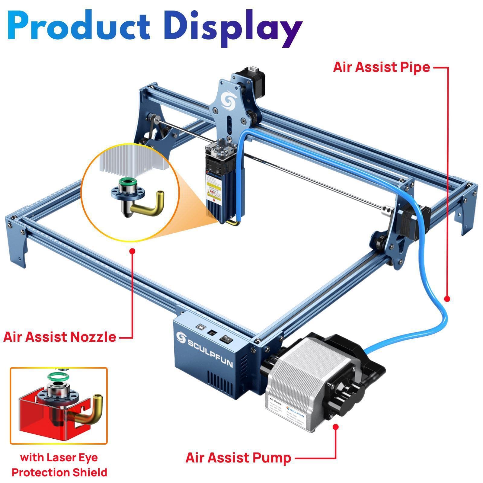 SCULPFUN Air Assist Kit with Air Pump & Nozzle - 30L/min High-Speed Laser Cutter Accessory for SCULPFUN S9 - Improves Cutting Quality, Extends Laser Module Life - Perfect for Wood, Acrylic & Metal Engraving Projects