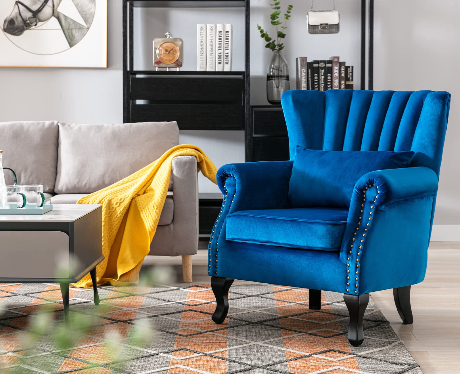 Kmax Blue Velvet Wingback Accent Chair with Pillow - Nail-Head Channel Tufted Oversized Club Chair for Living Room, Bedroom & Guest Room - Perfect for Reading Nook, Home Office & Lounge Areas