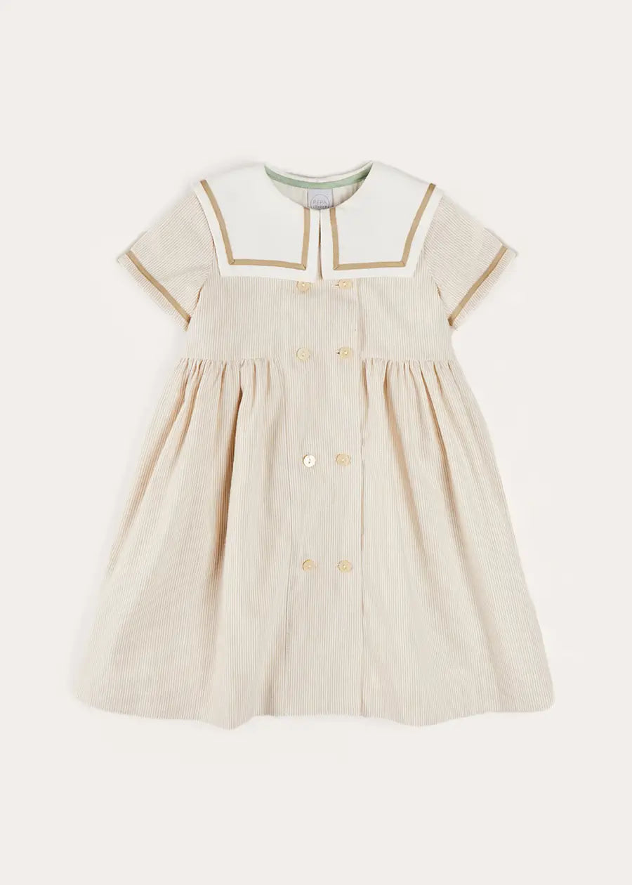 Waterford Striped Mariner Collar Double Breasted Short Sleeve Dress for Girls 12 Months to 10 Years - Beige Nautical Style Summer Outfit for Beach, Party & Casual Wear