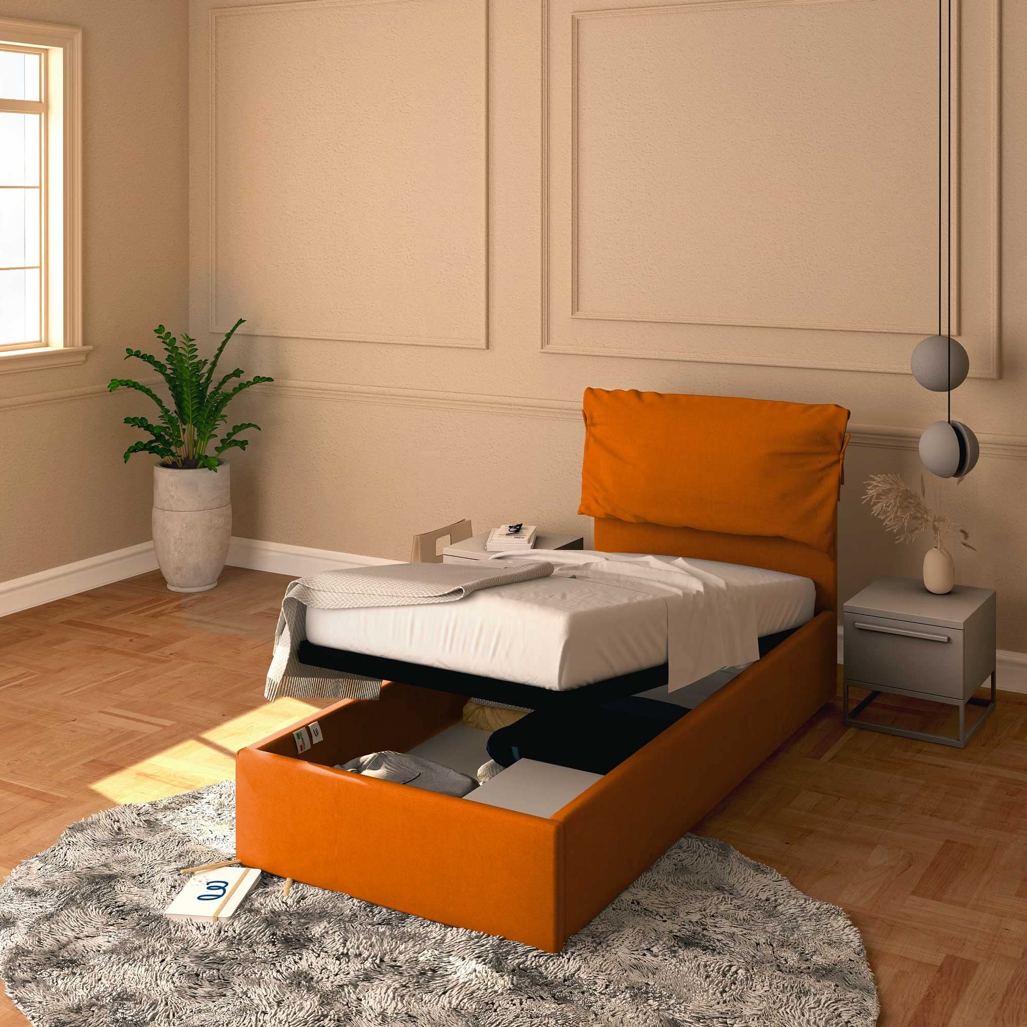 Baldiflex Single Bed with Storage - Licia Soft Synthetic Leather, Slatted Base for Single Mattress, 90 x 200 cm, Padded Headboard, Orange - Perfect for Small Bedrooms, Guest Rooms & Studio Apartments