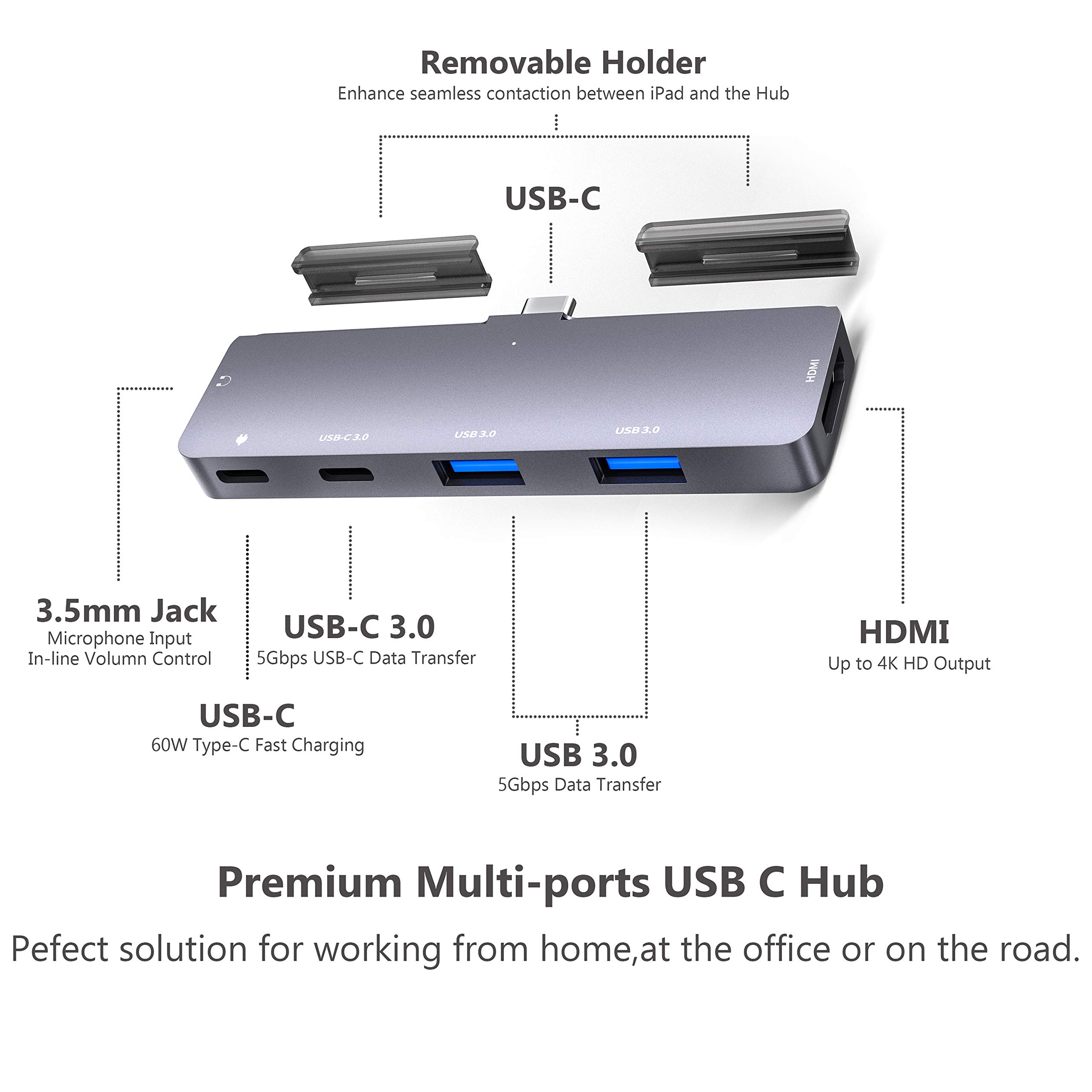 6-in-1 USB C Hub Adapter for iPad Pro/Air/Mini - 4K HDMI, 3.5mm Audio, 2 USB 3.0 Ports, PD 60W Charging, SD/TF Card Reader - Compatible with M2/M1 iPad Pro 11/12.9 (2022-2018) - Perfect for Work, Travel & Home Office Connectivity