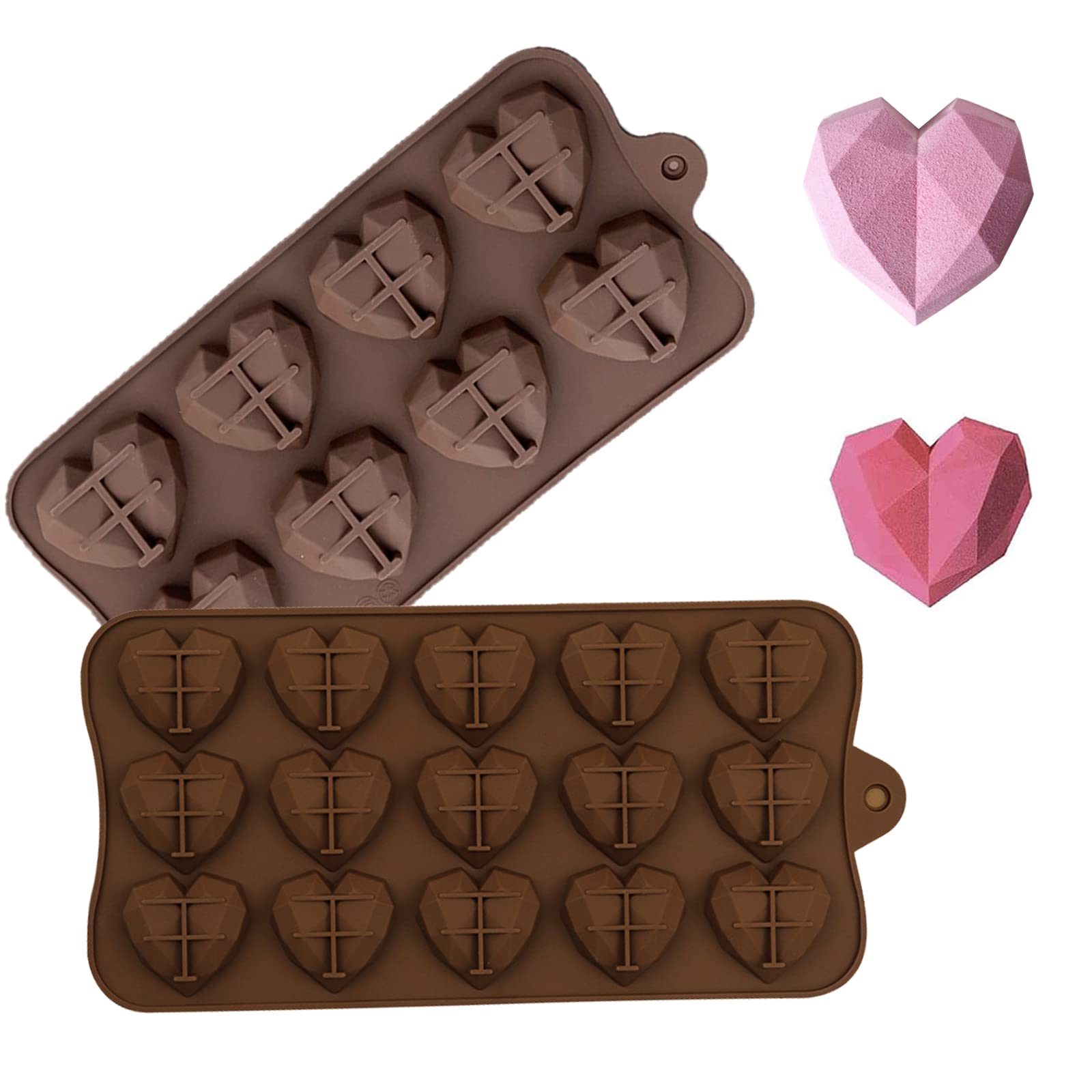 2-Piece Heart Shaped Silicone Mold Set for Chocolate, Candy, Cake & Jelly - Diamond Texture Baking Molds (Medium & Small) - Perfect for Valentine's Day, Weddings & DIY Dessert Decorating