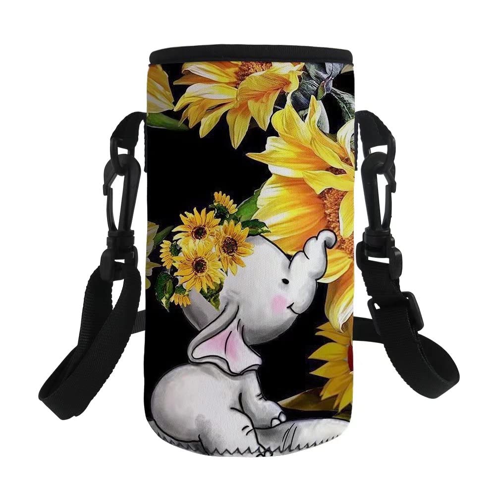 Adjustable Neoprene Water Bottle Carrier Bag - 500-750ml Insulated Sleeve Pouch with Shoulder Strap for Hiking, Gym & Travel | Sunflower Elephant Design | Sports Bottle Holder Accessories