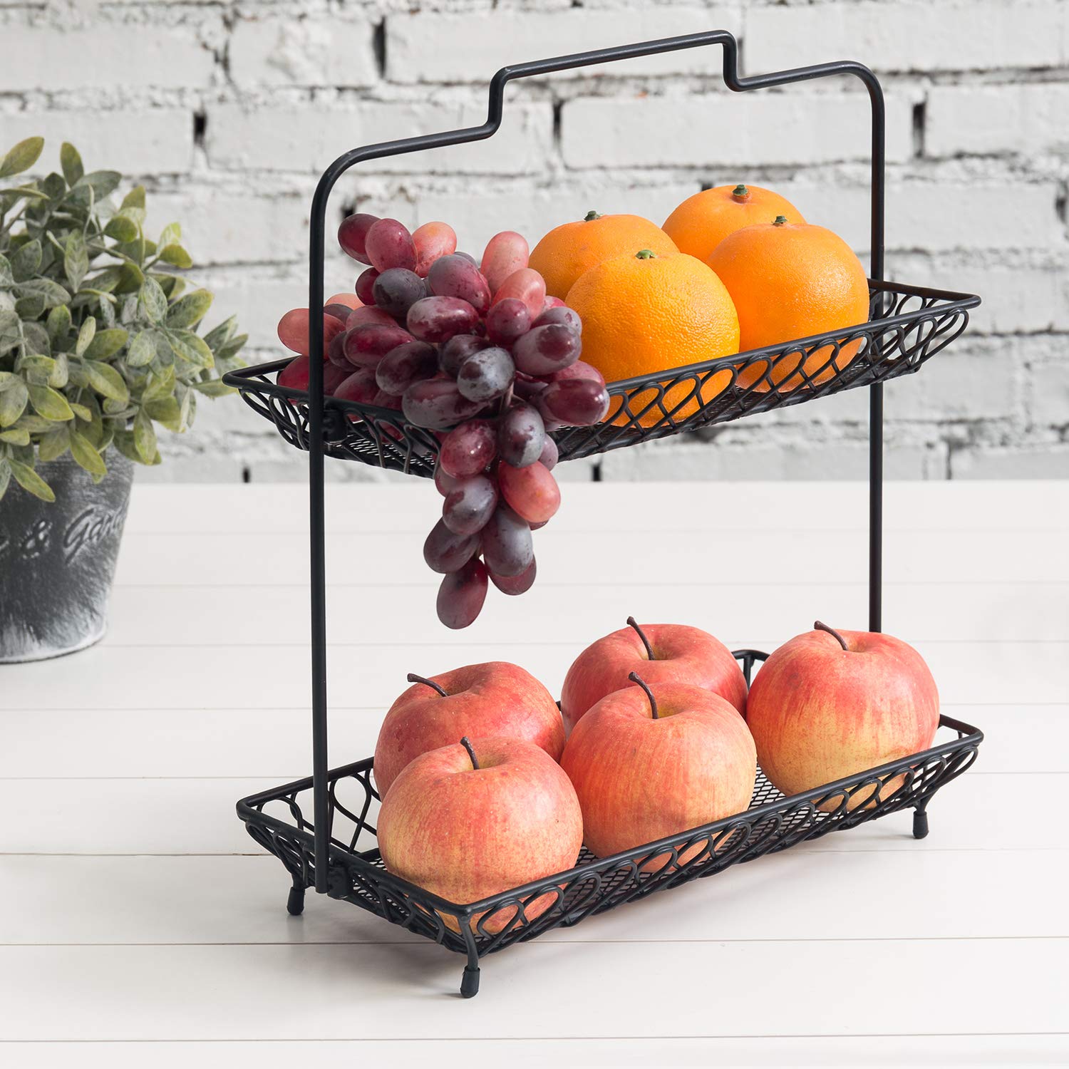 Vintage Style 2-Tier Matte Black Metal Wire Mesh Countertop Fruit Basket with Handle - Kitchen Storage Tray for Fruits, Vegetables & Produce - Perfect for Pantry Organization, Farmhouse Decor & Fresh Produce Display