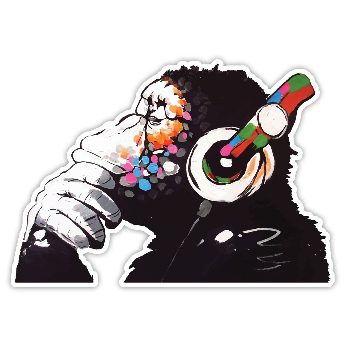 Banksy Thinker Monkey Headphones Wall Art Sticker - Urban Graffiti Vinyl Decal for Windows, Cars, Laptops (20x14cm) - Perfect for Home Decor, Office & Gift Giving