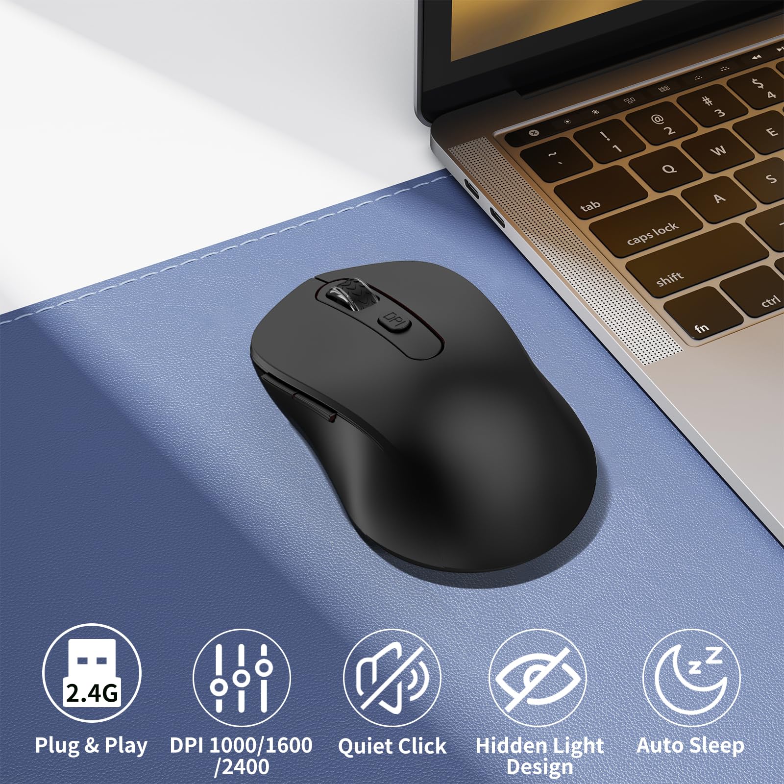 Wireless Silent Mouse for Laptop, PC, Chromebook, Mac - 2400 DPI Ergonomic USB Mouse with Side Buttons, Anti-Slip Scroll Wheel & Nano Receiver - Perfect for Office, Gaming & Home Use (Black)