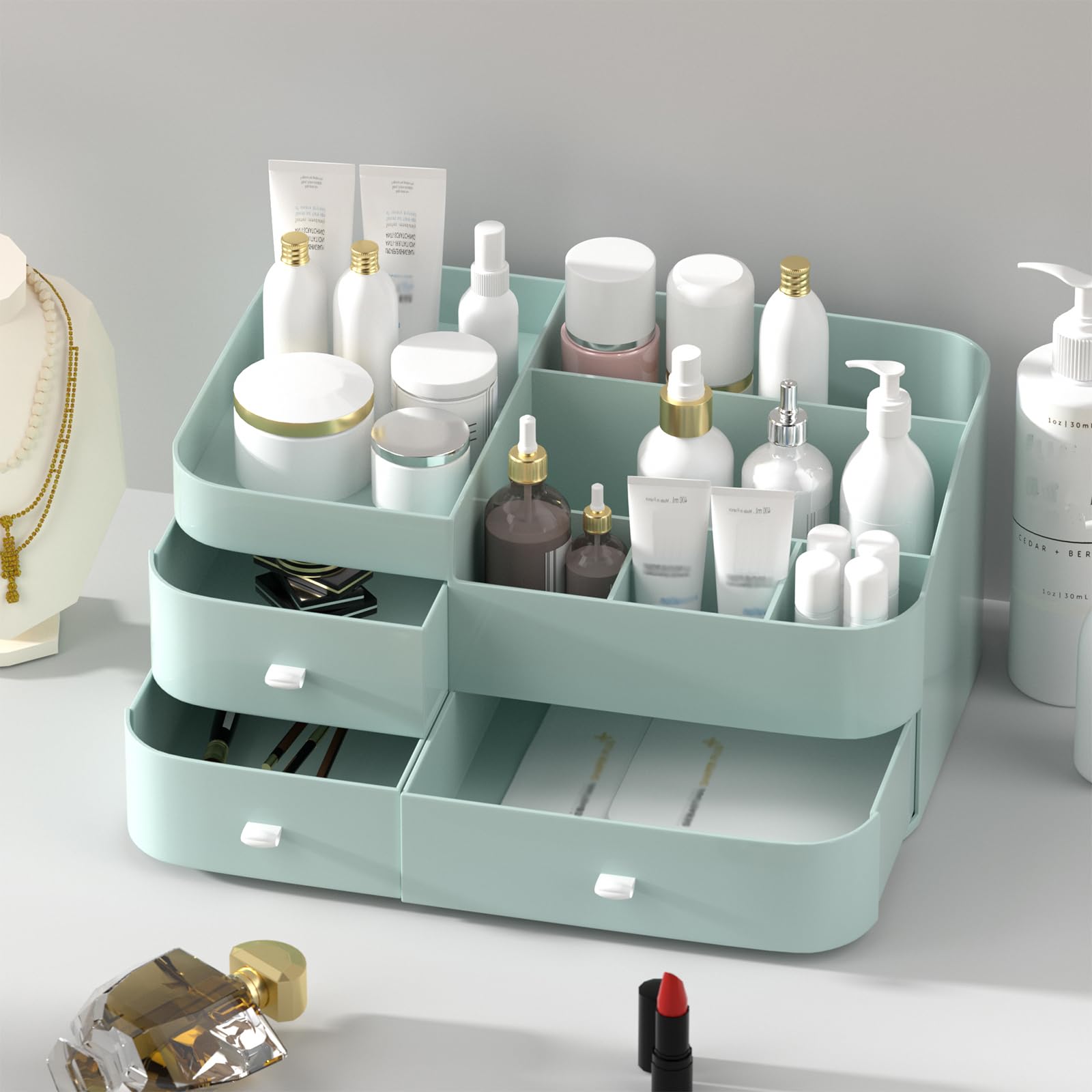 MIUOPUR Large Capacity Makeup Organizer with Drawers - Cosmetic Storage for Lipsticks, Jewelry, Nail Care & Skincare | Vanity & Desk Organizer | Perfect for Bedroom, Bathroom Countertops & Dressing Tables (Green)