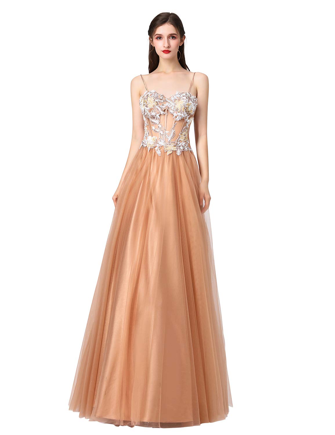 Elegant Champagne A-Line Prom Dress for Women with Appliques & Spaghetti Straps - Long Formal Evening Gown for Party, Wedding, Homecoming & Special Occasions